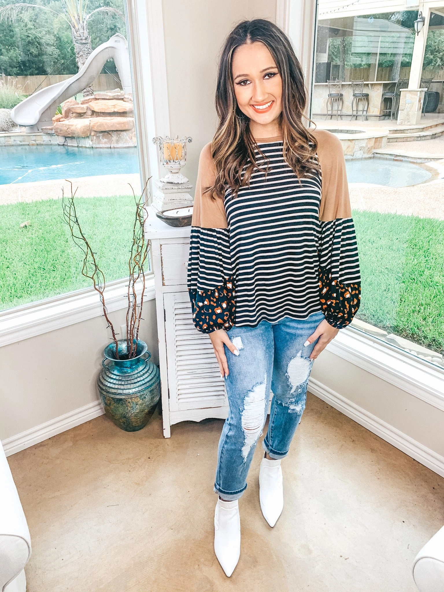 WaterRepellentCoating Last Chance Size 3XL | No Looking Back Striped Top with Multi Print Puff Sleeves in Black and Tan