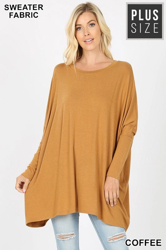 Last Chance Size 3XL | PLUS SWEATER FABRIC OVERSIZE ROUND NECK PONCHO in COFFEE Travel Vibe