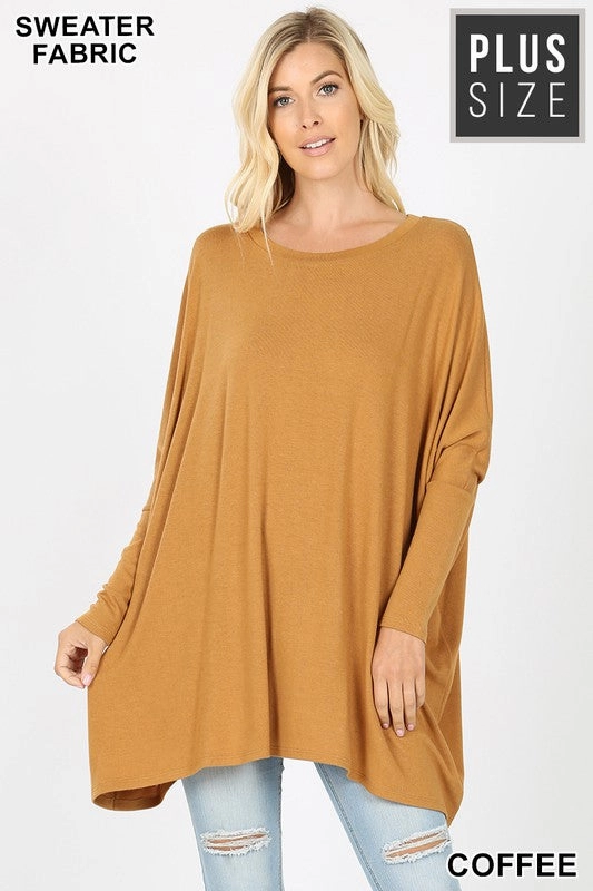 Last Chance Size 3XL | PLUS SWEATER FABRIC OVERSIZE ROUND NECK PONCHO in COFFEE DoubleLayered Structure Moon Cool