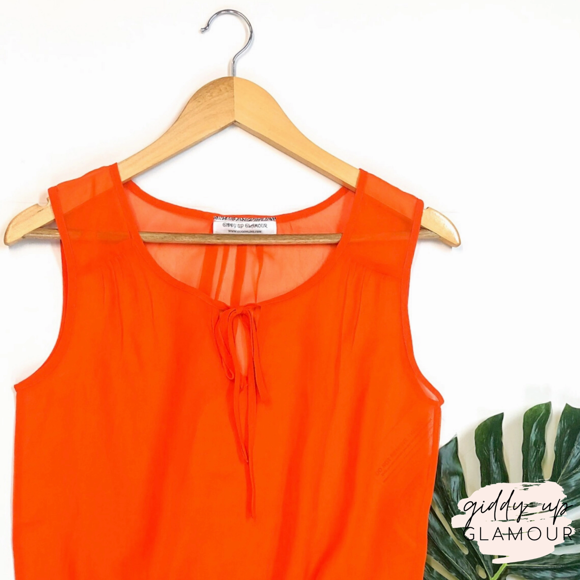 HighStretchElastic Minimalist Aesthetic Last Chance Size Large | Sheer Peplum Tank Top with Keyhole Tie in Orange