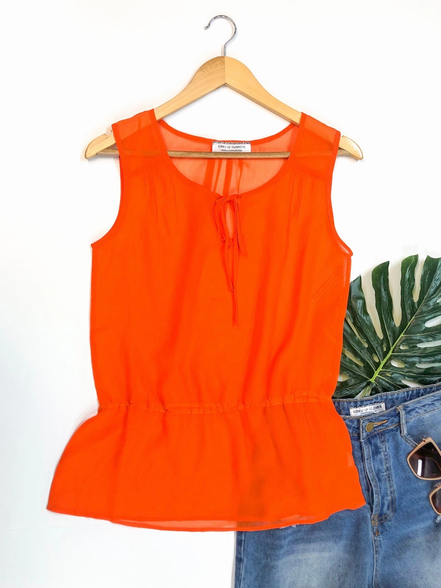 Last Chance Size Large | Sheer Peplum Tank Top with Keyhole Tie in Orange Organic Cotton Blend Loose Sweater