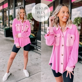 Last Chance Size Medium | A Place To Unwind Button Up Waffle Knit Shacket in Pink Stream Fit