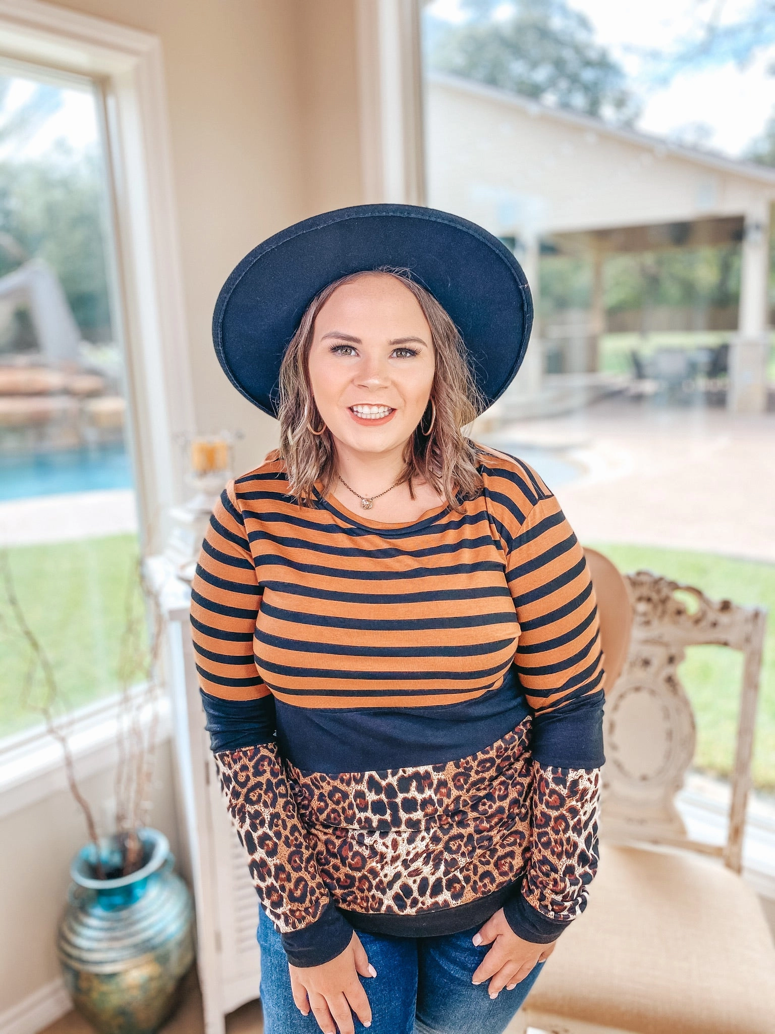 Winter Accessories Last Chance Size Medium | In Your Future Long Sleeve Print Block Top in Rust Red