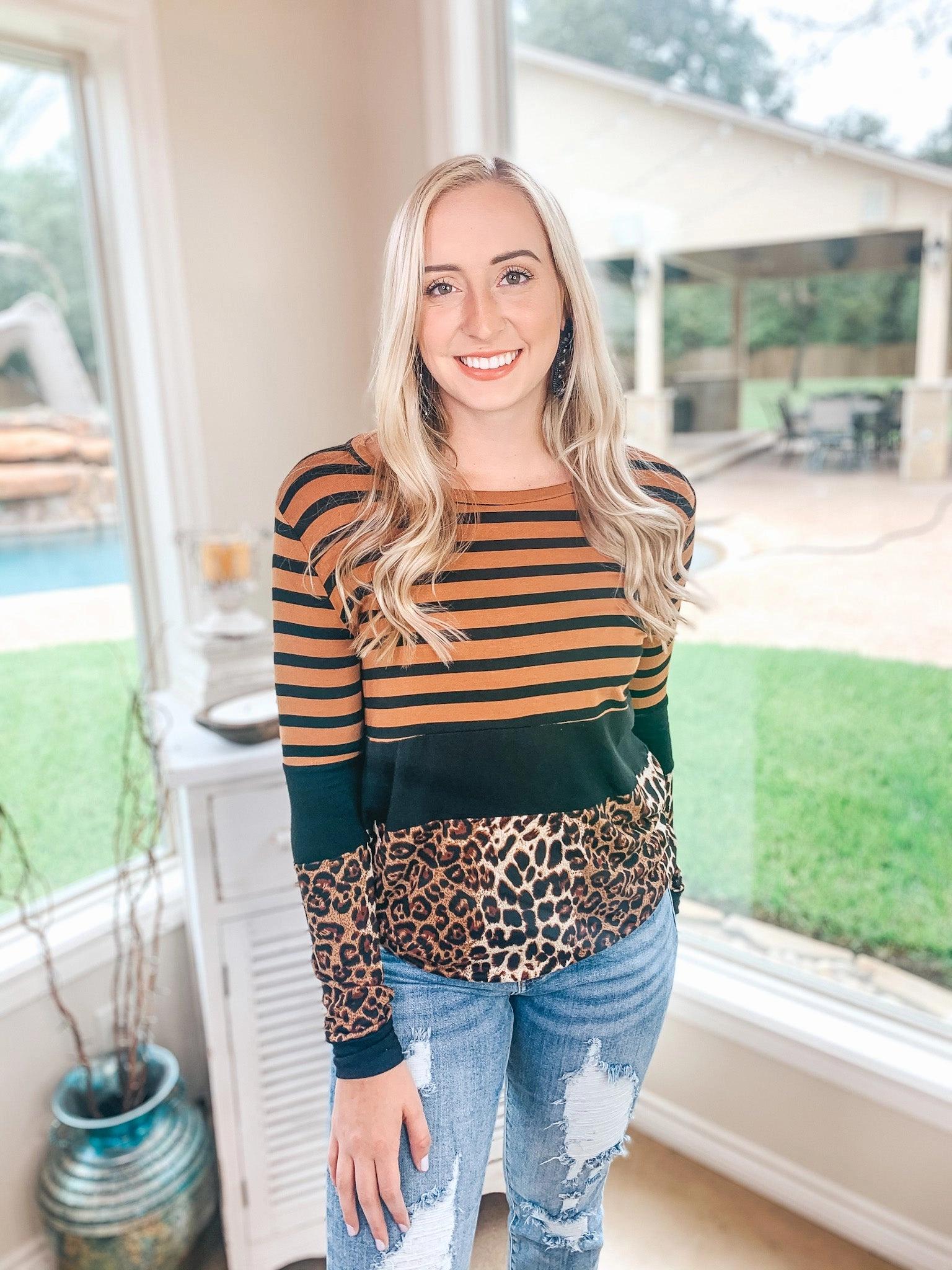 Last Chance Size Medium | In Your Future Long Sleeve Print Block Top in Rust Red Easy Layering