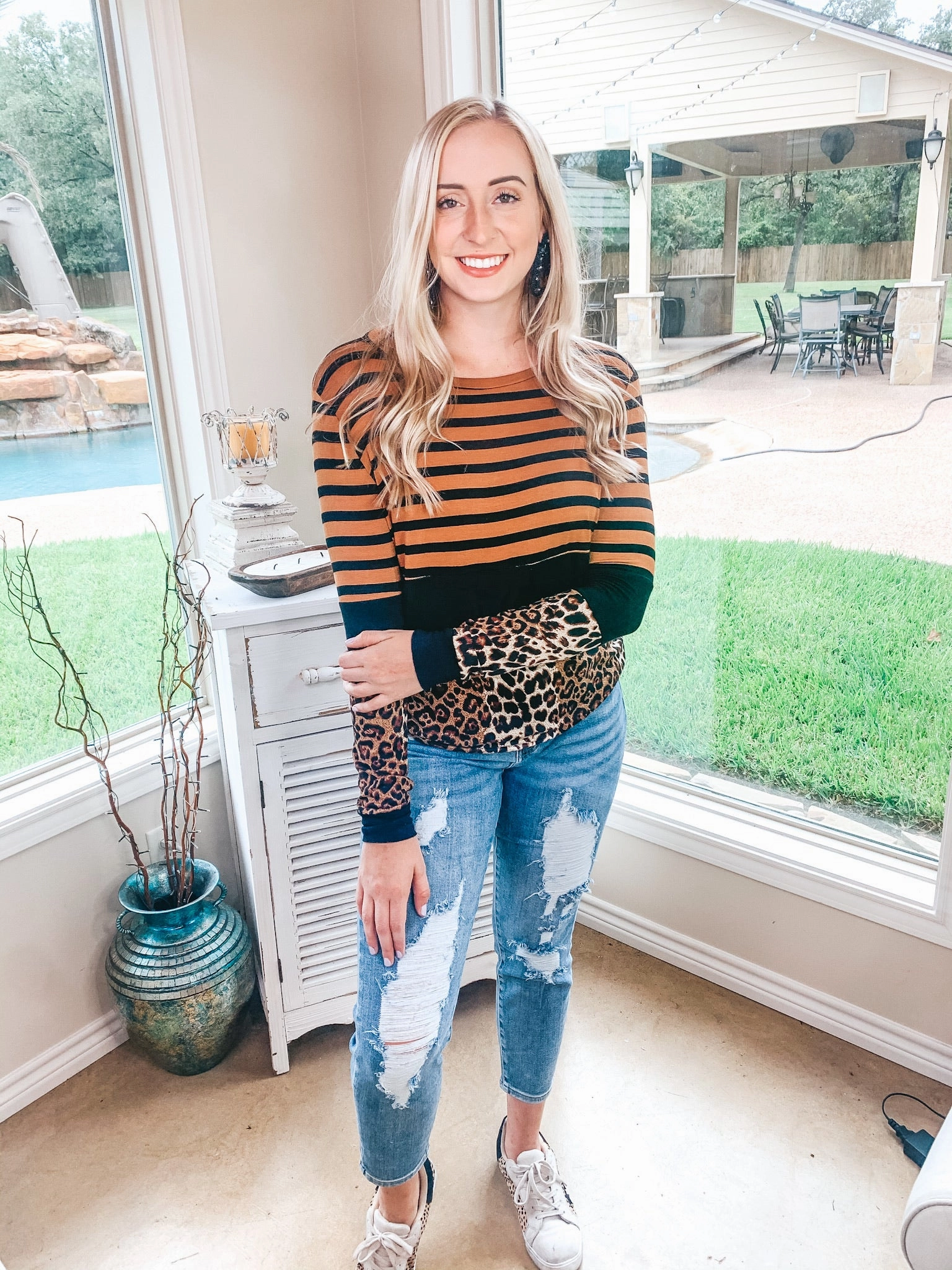 Last Chance Size Medium | In Your Future Long Sleeve Print Block Top in Rust Red HypoallergenicYarn