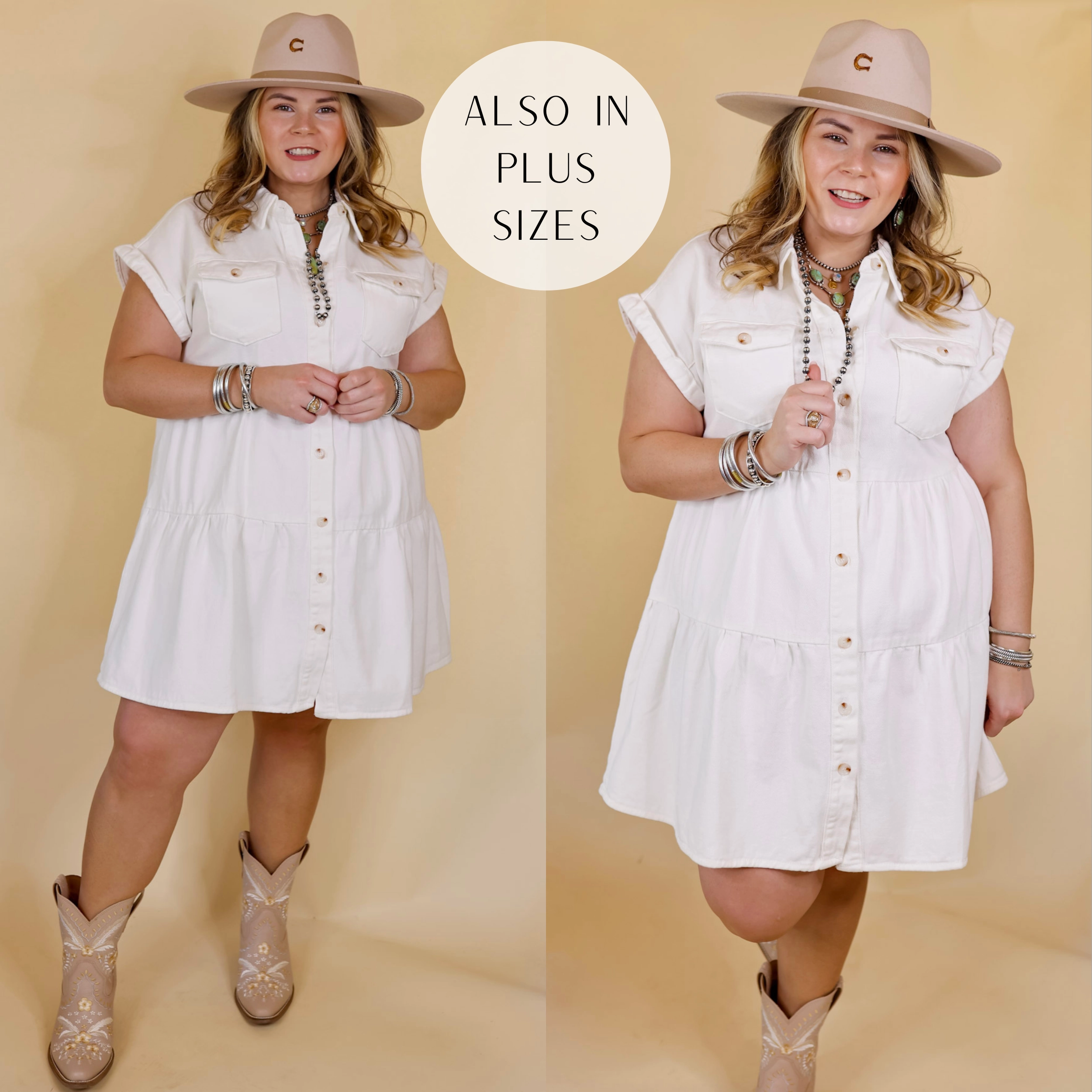Last Chance Size Medium | Latest Obsession Button Up Denim Tiered Dress in Ivory AbrasionResistantFabric