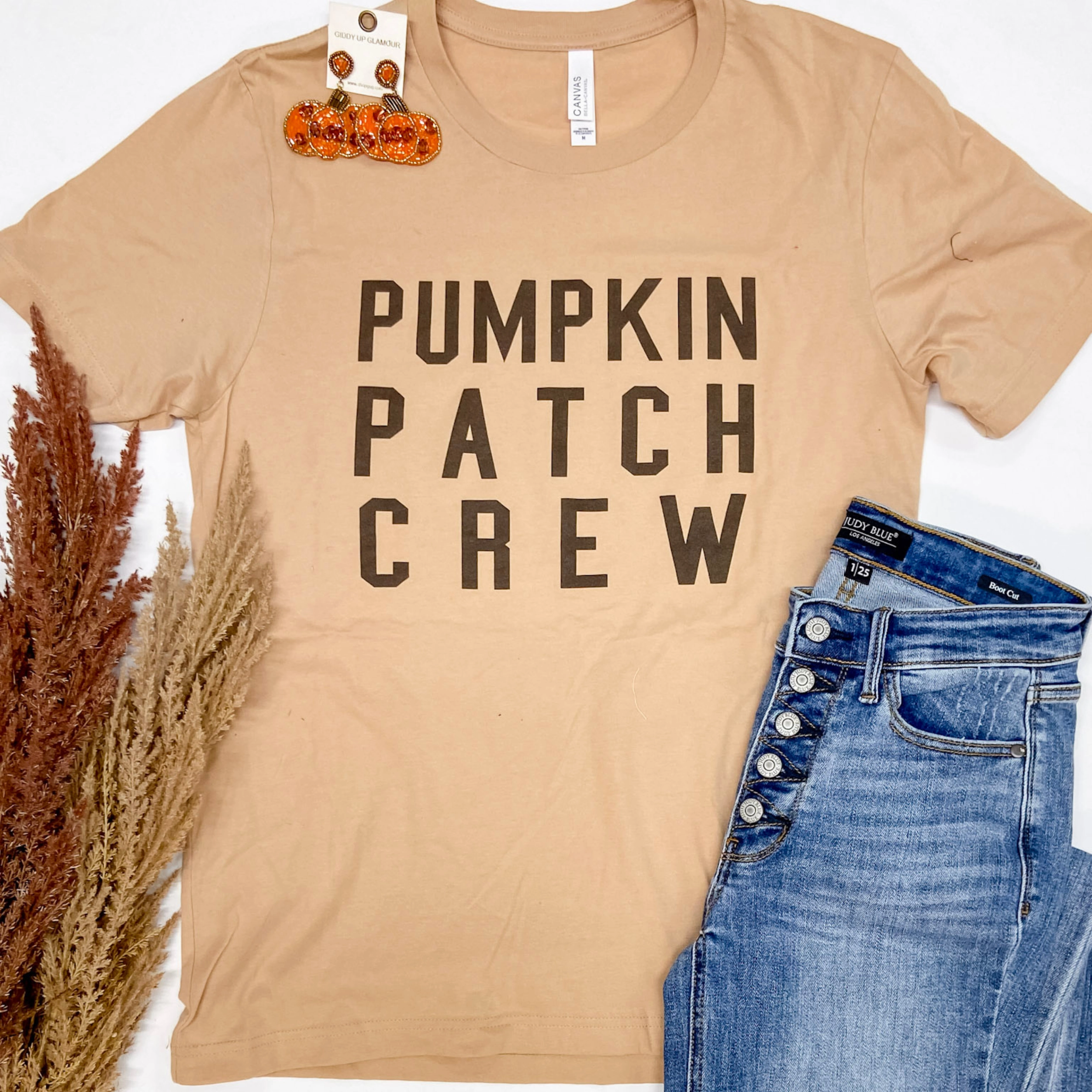 Last Chance Size Medium | Pumpkin Patch Crew Short Sleeve Graphic Tee in Tan AntiStatic Properties