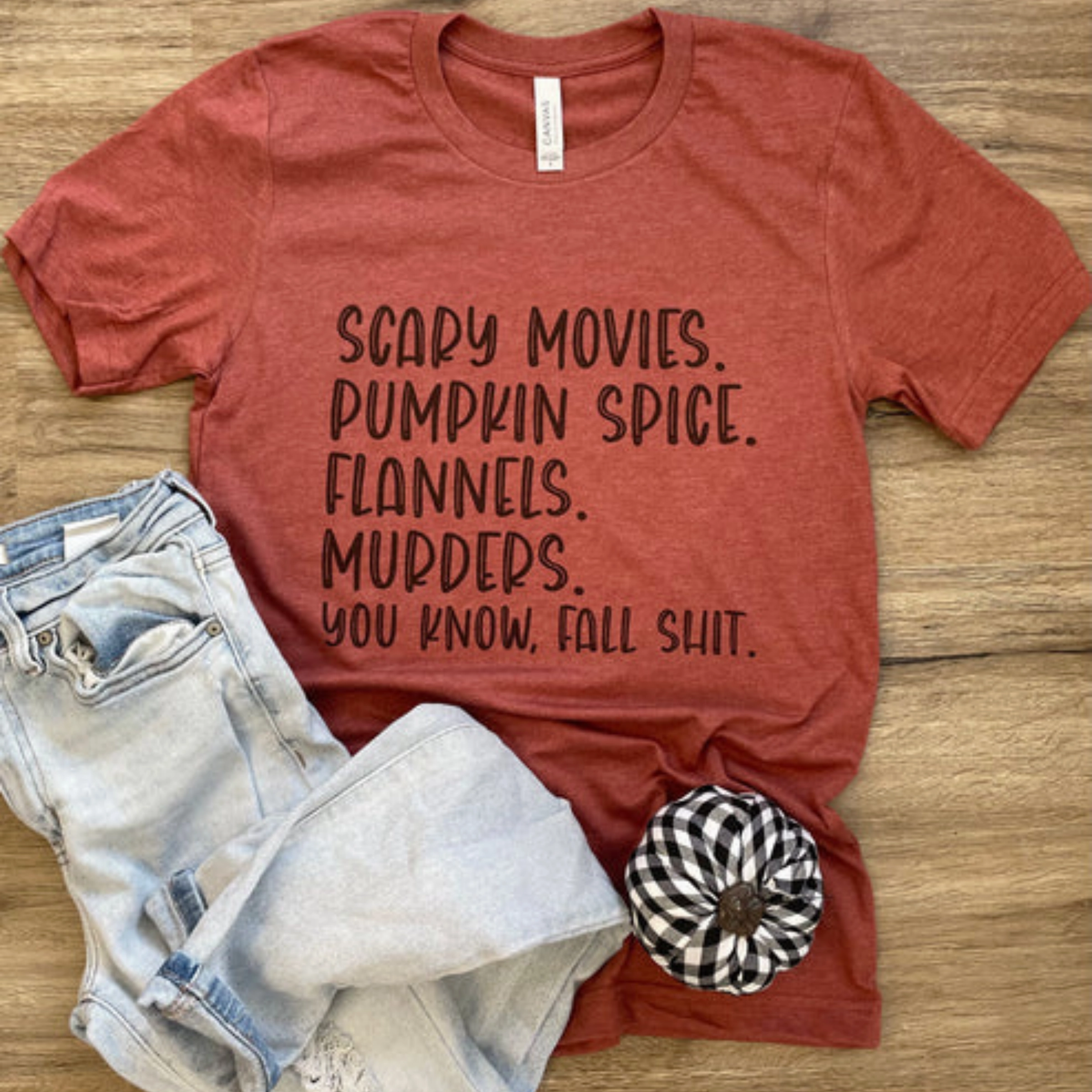 Last Chance Size Medium | Scary Movies, Pumpkin Spice, Flannels Short Sleeve Graphic Tee in Heather Rust Red shopping
