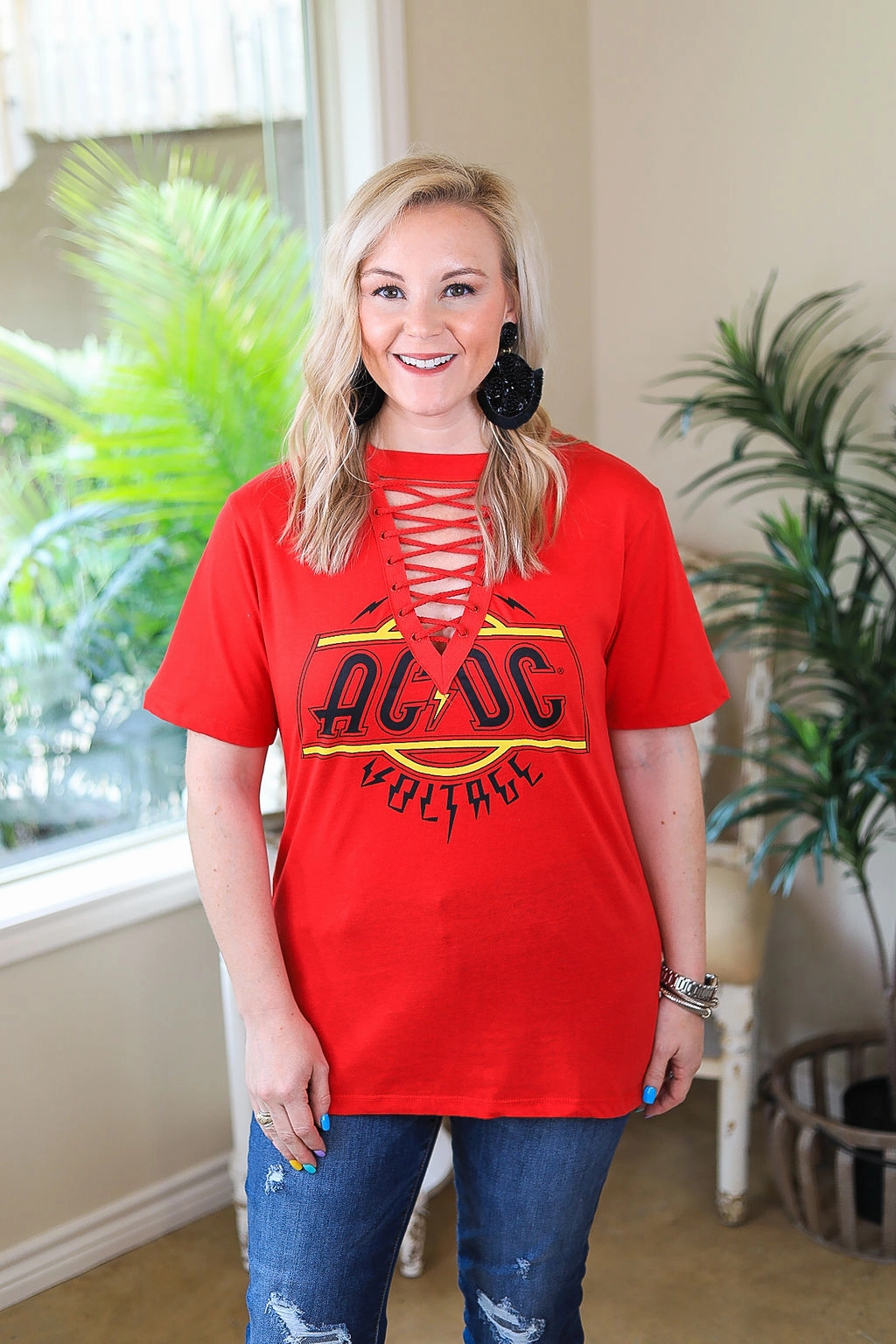 China Cool CompressiveFitFabric Last Chance Size Medium & Large | ACDC | High Voltage Keyhole & Lace Up Band Tee in Red