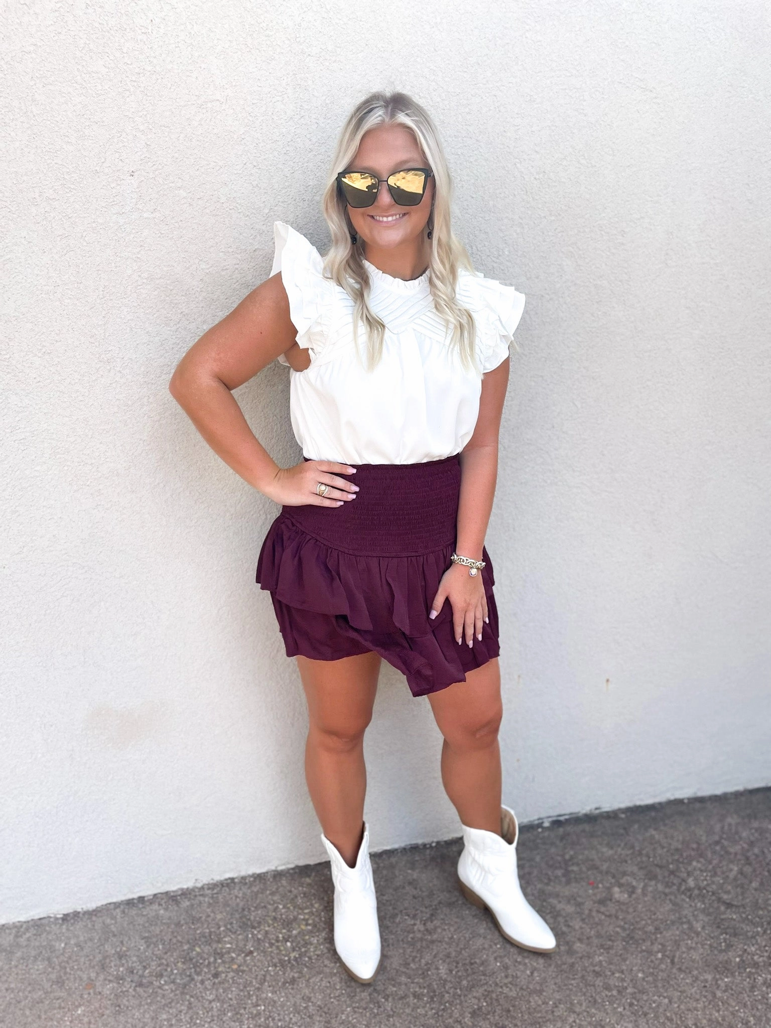 QuickDryMaterial Last Chance Size Medium and XL | Expect The Best Pleated Upper Blouse with Ruffle Cap Sleeves in White