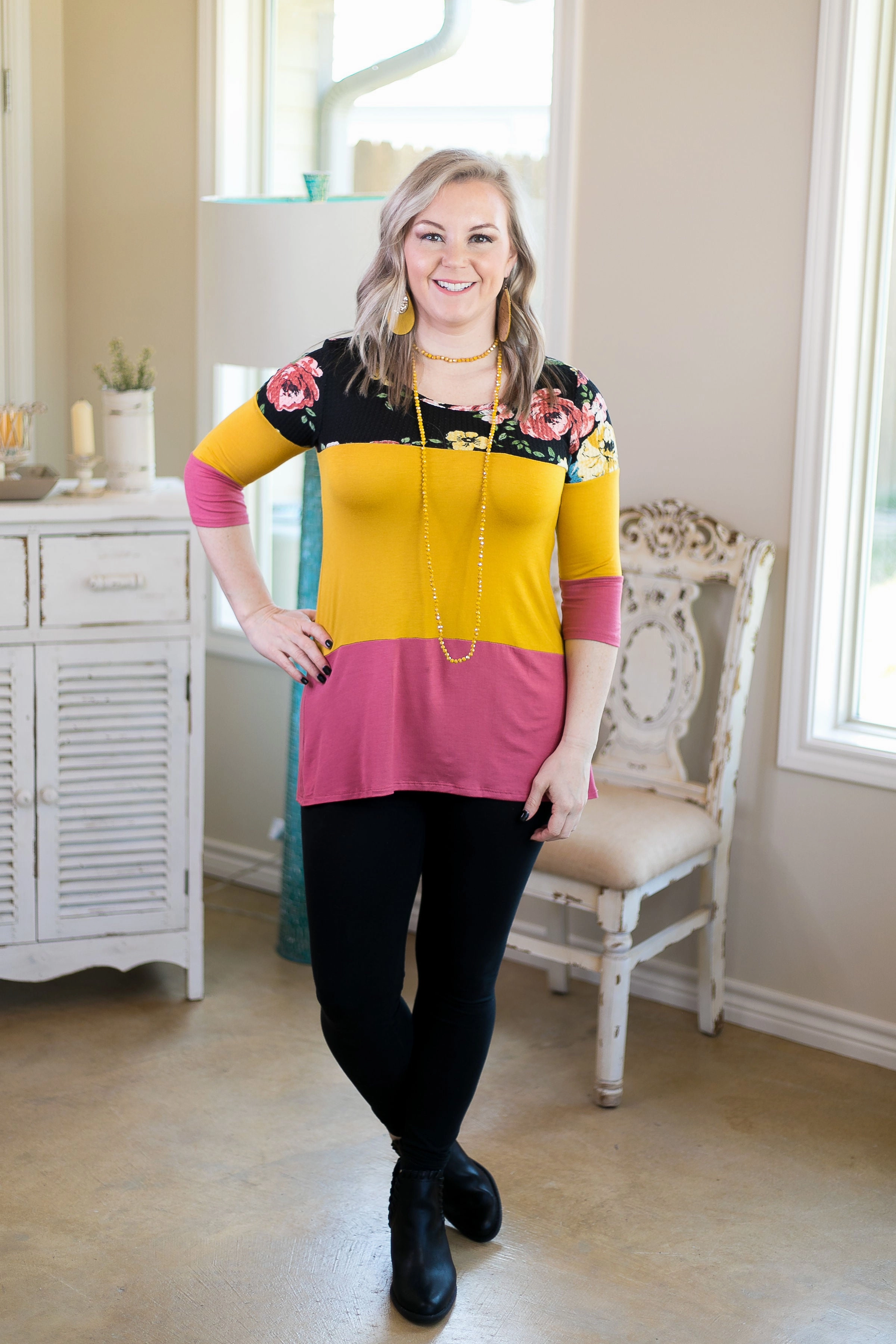 Last Chance Size S & M | Laugh Louder Floral Color Block Top with Buttons in Black ThermalRegulatingFabric Seasonal Fashion