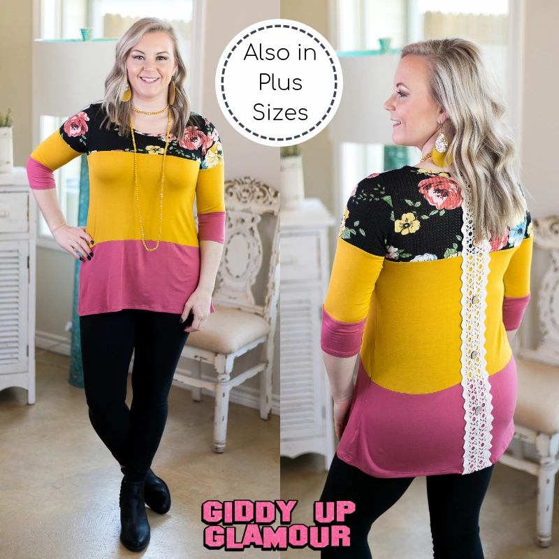 Last Chance Size S & M | Laugh Louder Floral Color Block Top with Buttons in Black Cozy Pajama Set