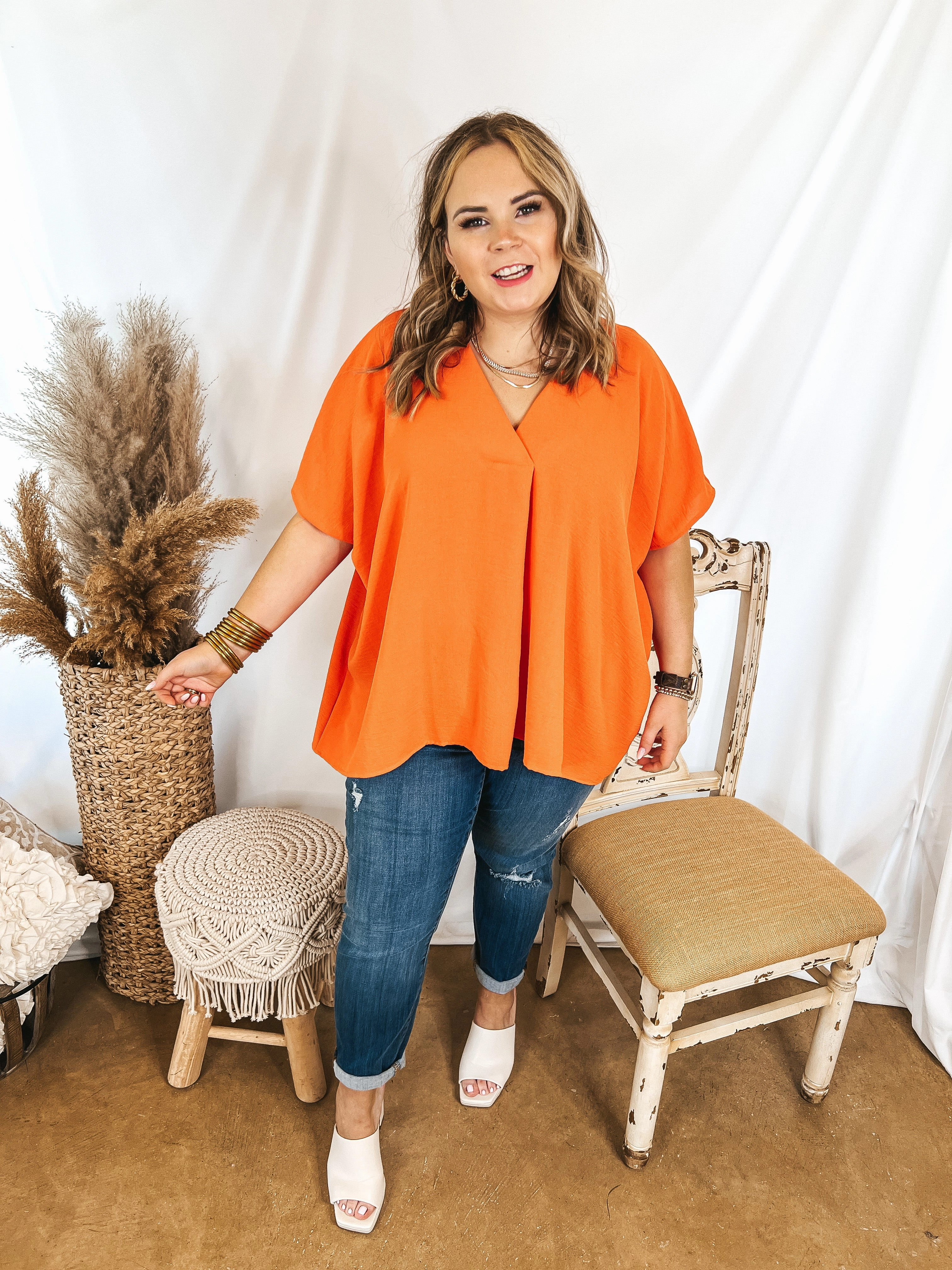 Last Chance Size S & XL | Weekend Out V Neck Placket Short Sleeve Top in Orange Dream Base