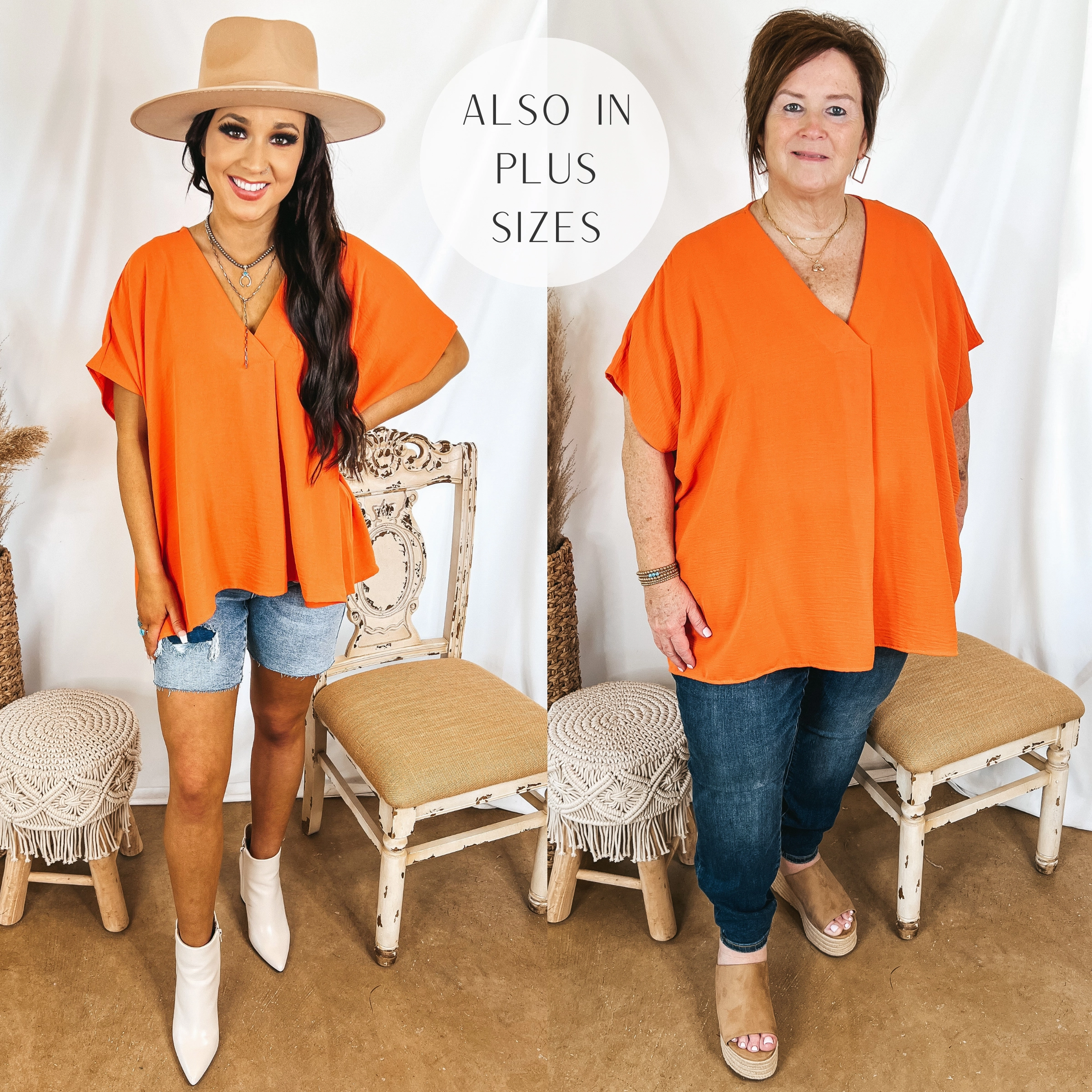 VentilatedKnit Last Chance Size S & XL | Weekend Out V Neck Placket Short Sleeve Top in Orange