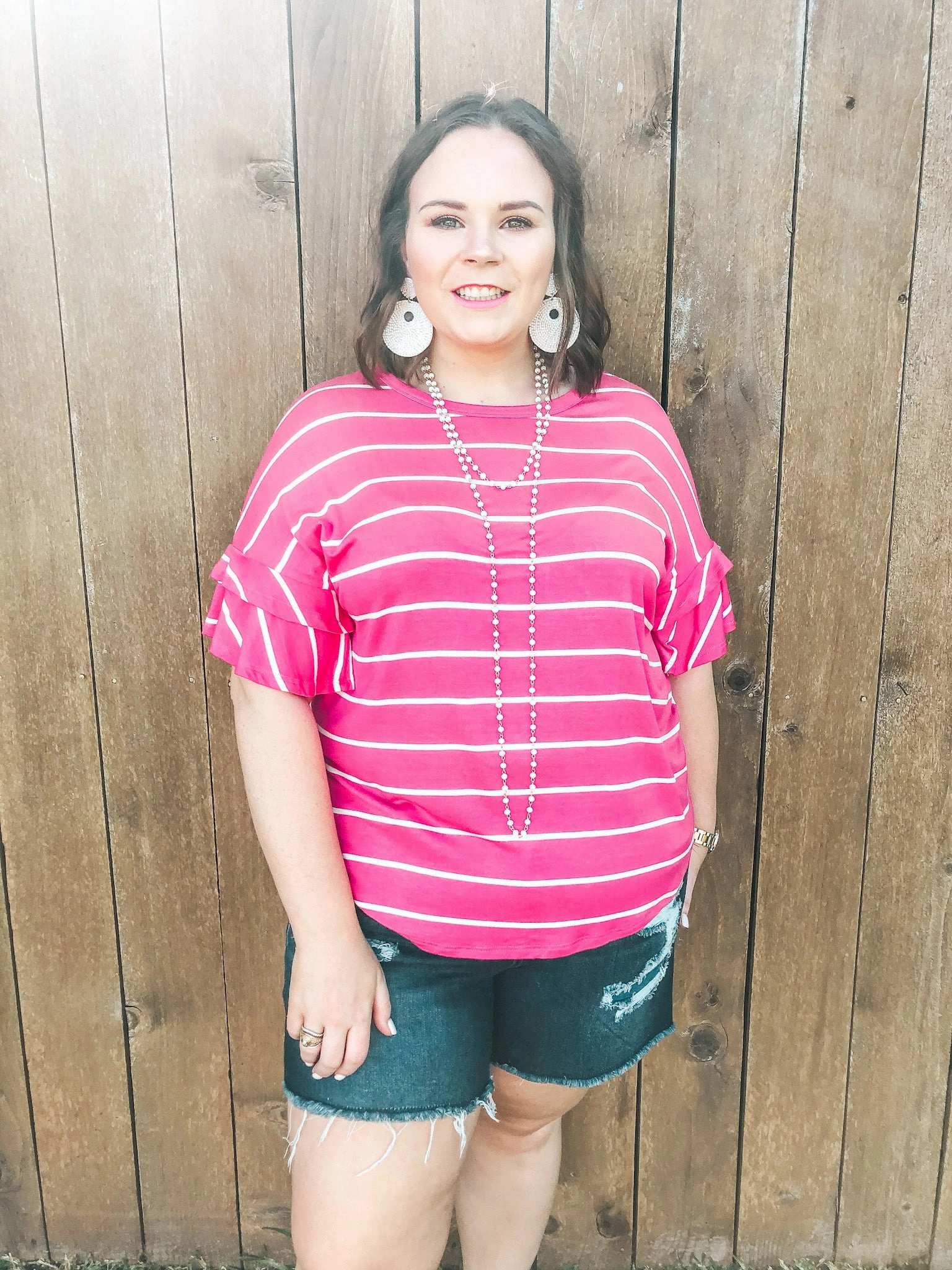 Circular Knit SublimatedPrint Last Chance Size S, M 3XL | Set The Standard Short Sleeve with Ruffled Sleeves in Pink and Ivory Stripe