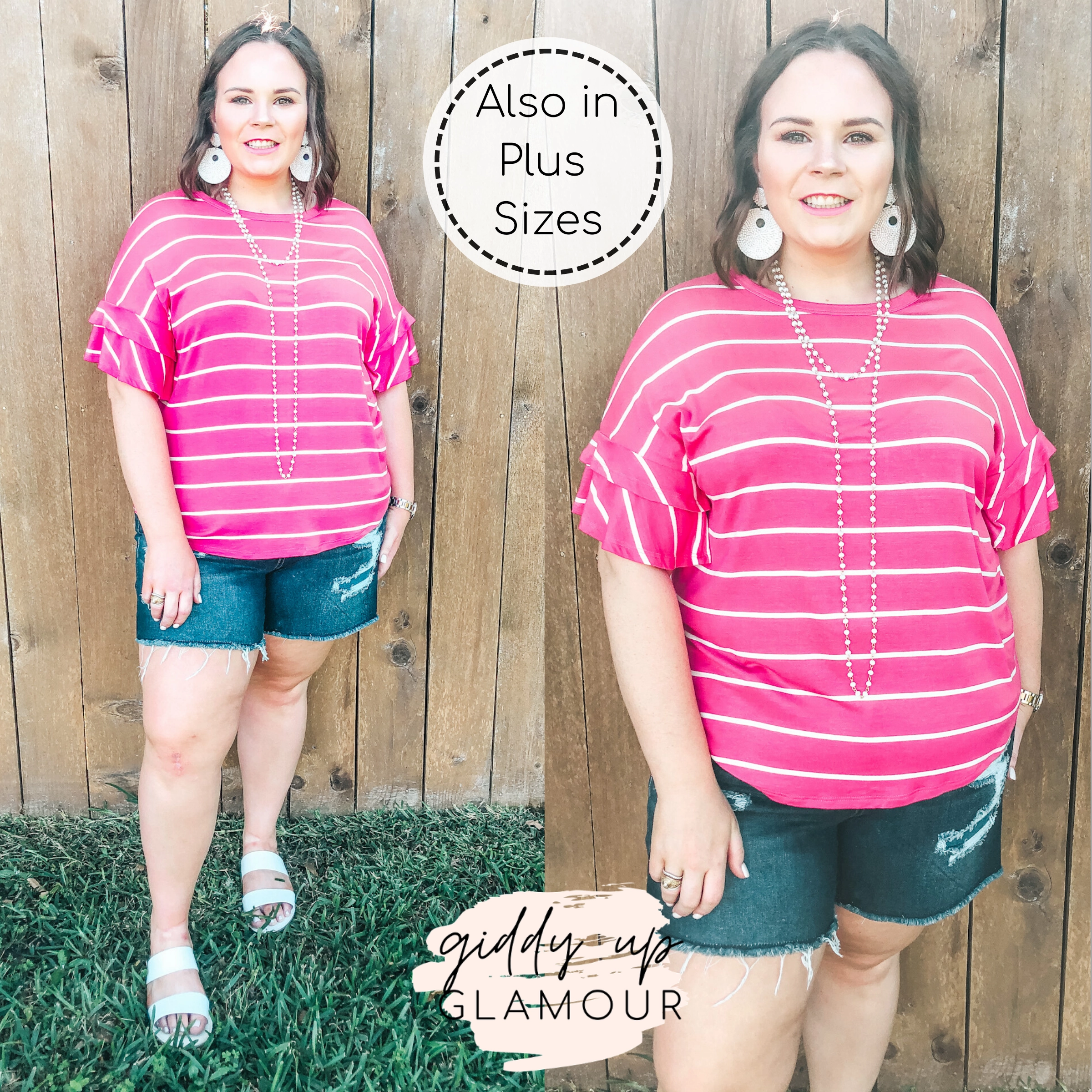 Last Chance Size S, M 3XL | Set The Standard Short Sleeve with Ruffled Sleeves in Pink and Ivory Stripe Fun Design AbrasionResistant Fabric