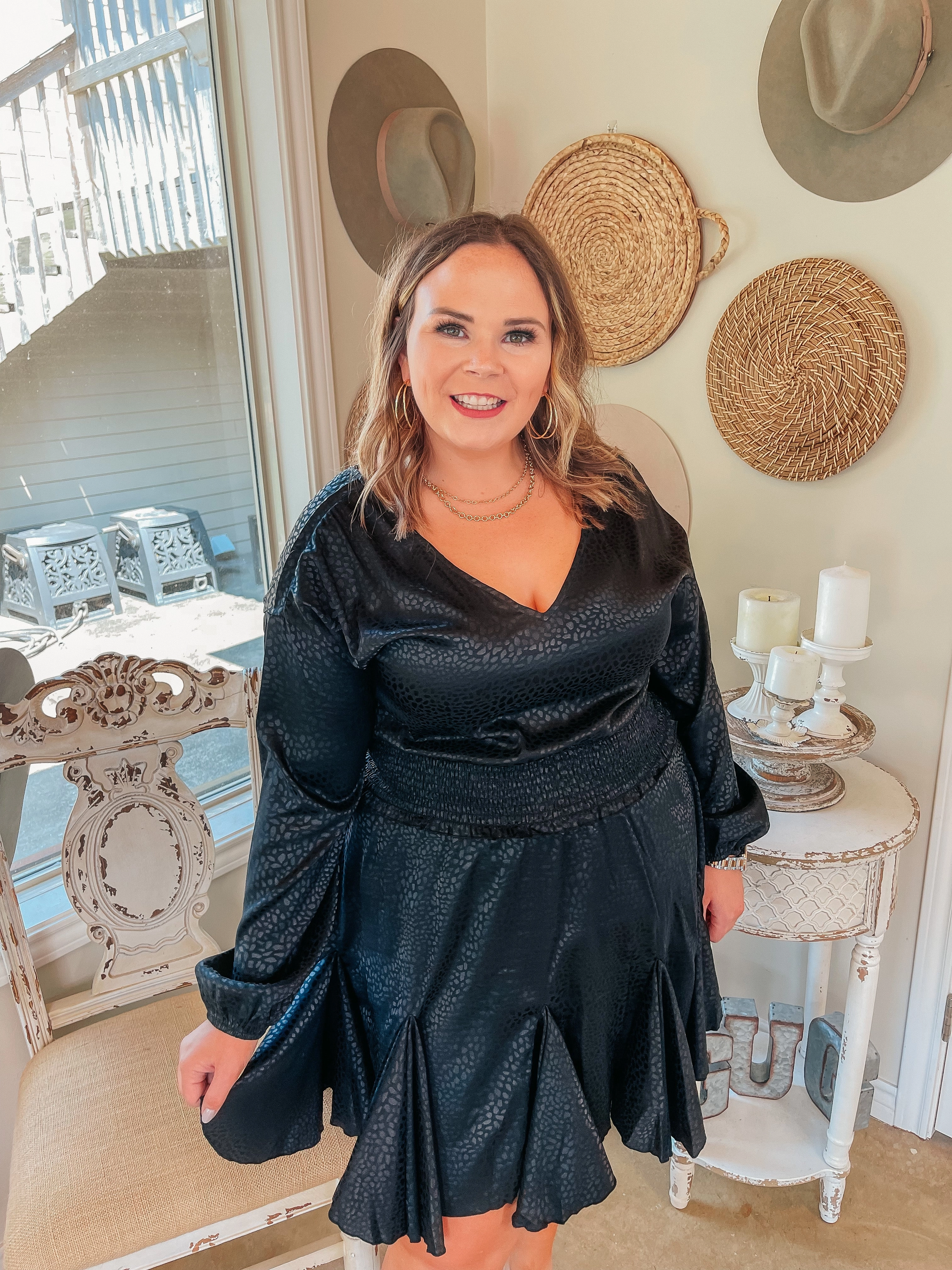 QuickReleaseClosure SeamlessPockets Last Chance Size Small, 2XL, 3XL | Wine Toast Dotted Smocked Waist V Neck Satin Dress in Black