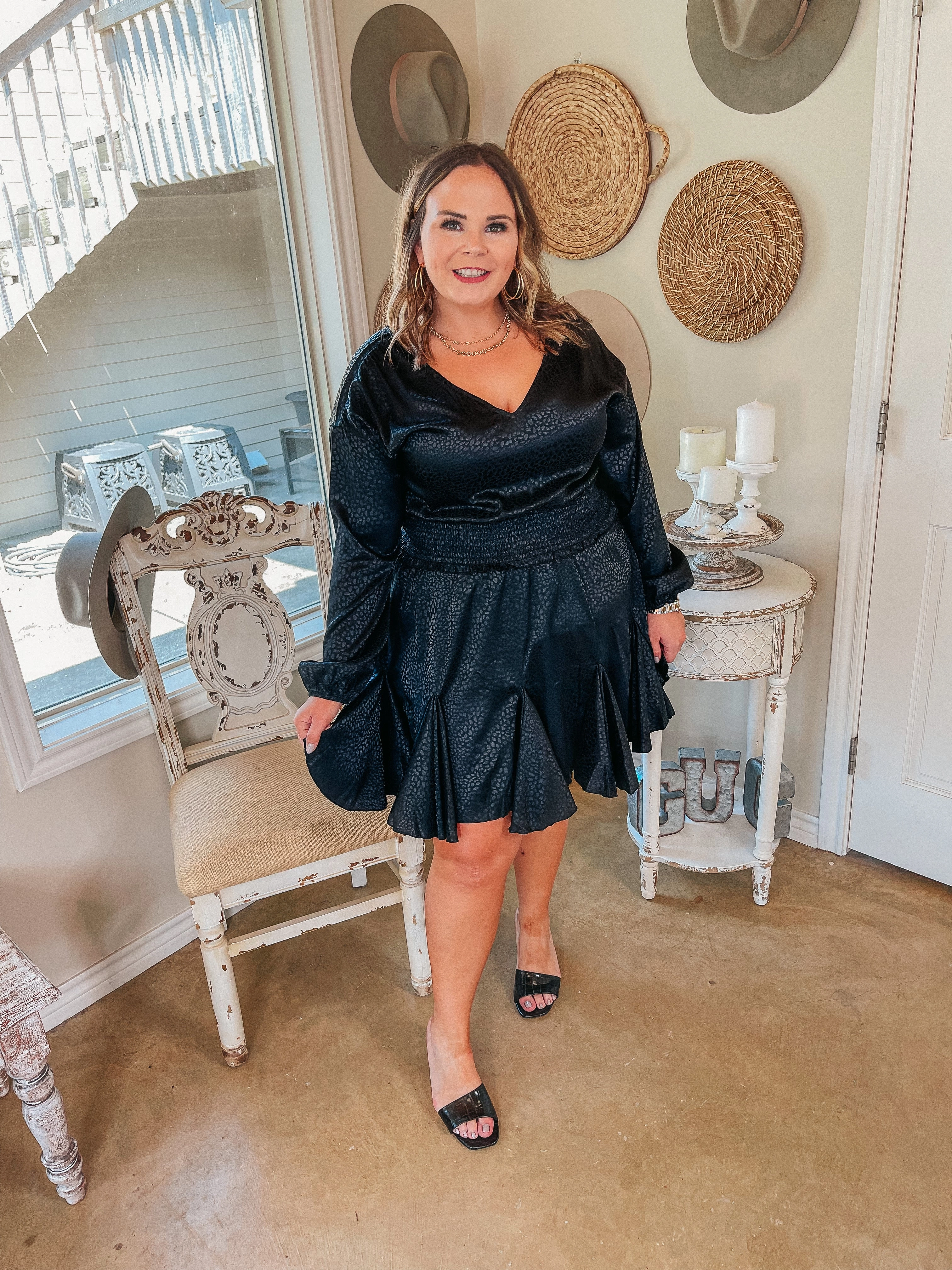 Easy Go Last Chance Size Small, 2XL, 3XL | Wine Toast Dotted Smocked Waist V Neck Satin Dress in Black