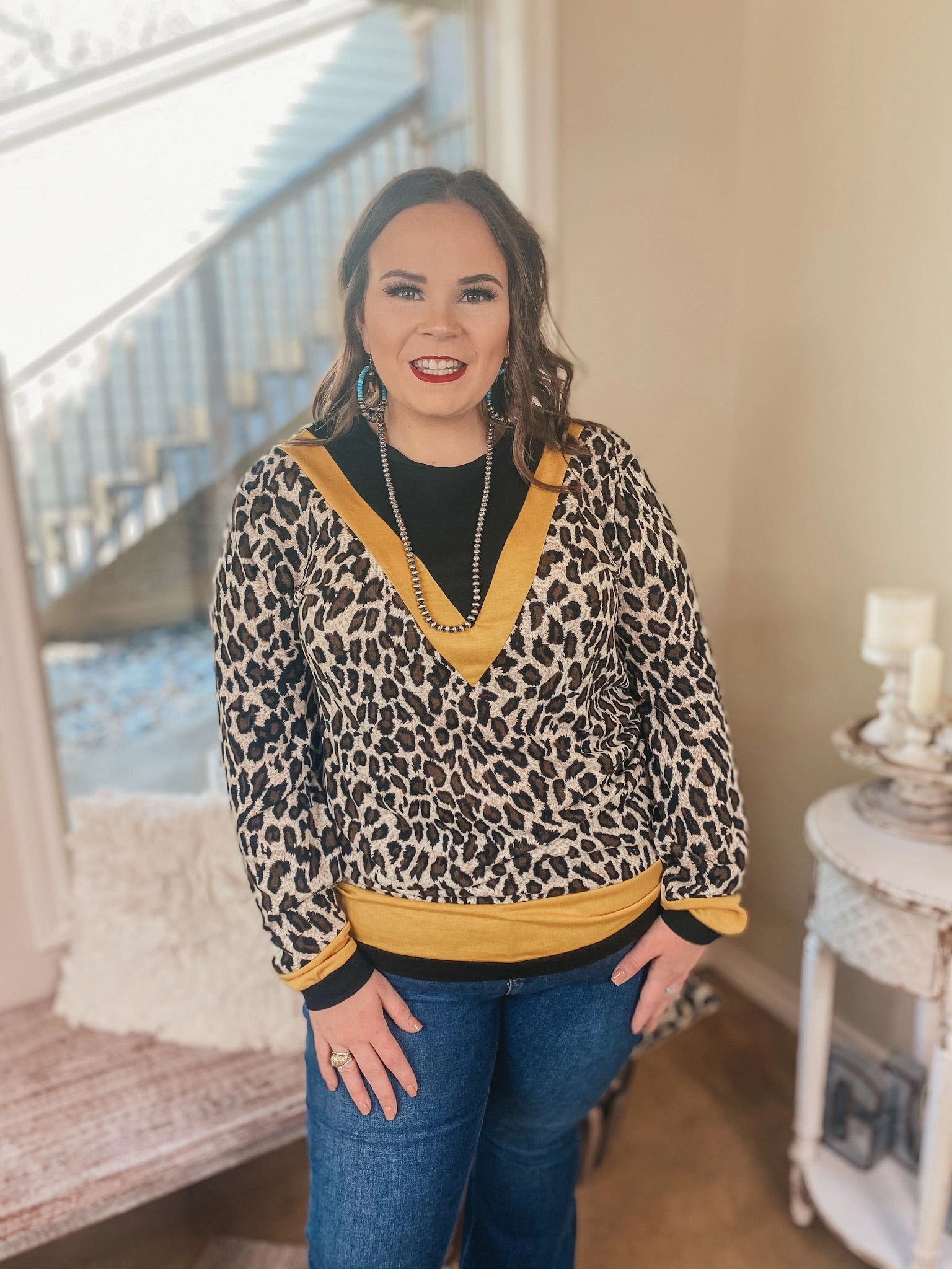 Last Chance Size Small, 2XL & 3XL | A Wild Mindset Leopard and Black Color Block Top with Yellow Trim WrinkleResistant Fabric