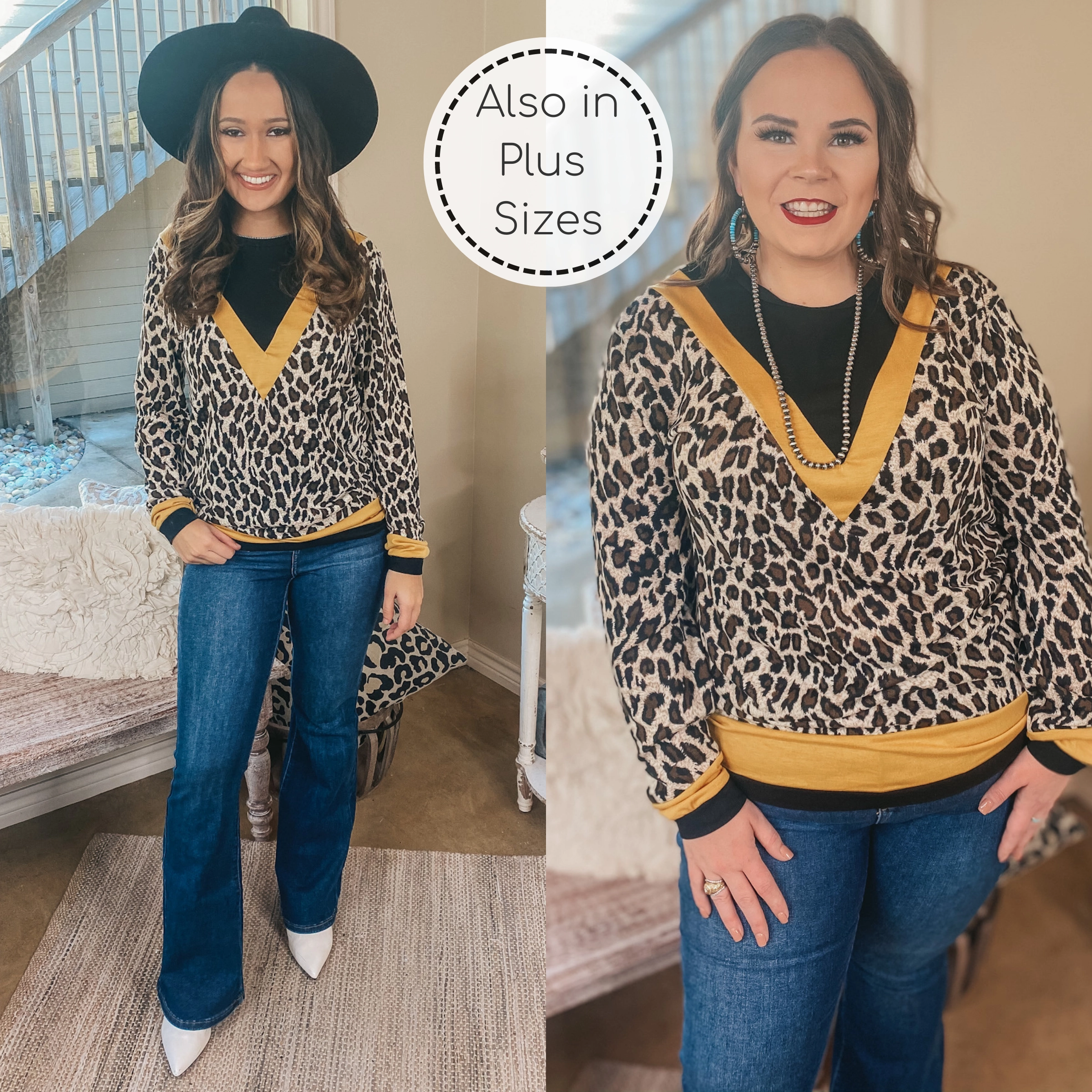 Last Chance Size Small, 2XL & 3XL | A Wild Mindset Leopard and Black Color Block Top with Yellow Trim StretchableMaterial Active clothing