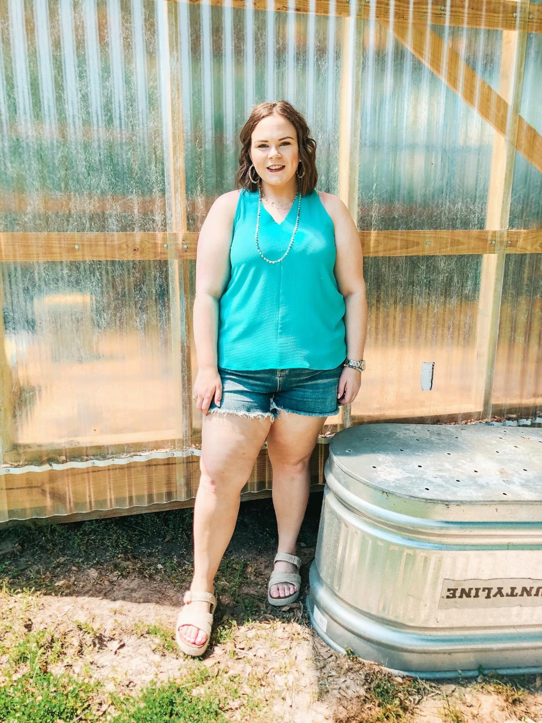 Last Chance Size Small | A Graceful Way V-Neck Tank Top with Ribbon in Turquoise Soft Blouse Diamond Soul