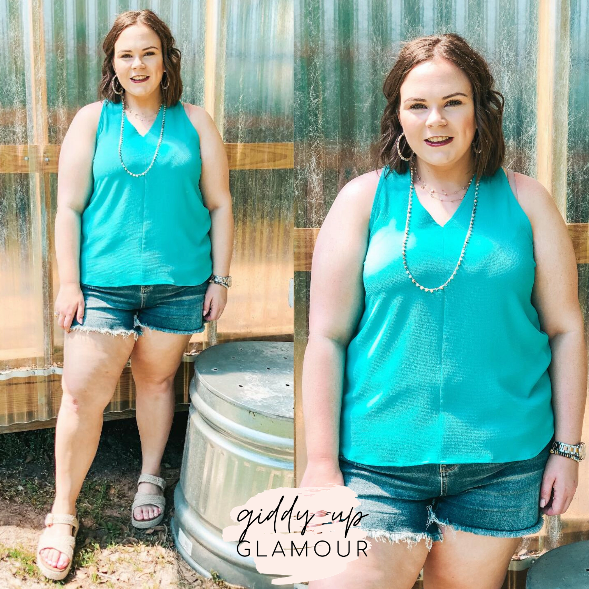 FlatlockStitching Last Chance Size Small | A Graceful Way V-Neck Tank Top with Ribbon in Turquoise
