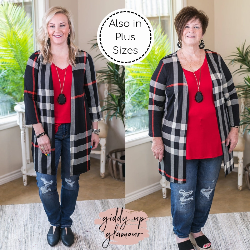 Eco-Friendly Material Last Chance Size Small | All Eyes On You Large Plaid Cardigan in Black