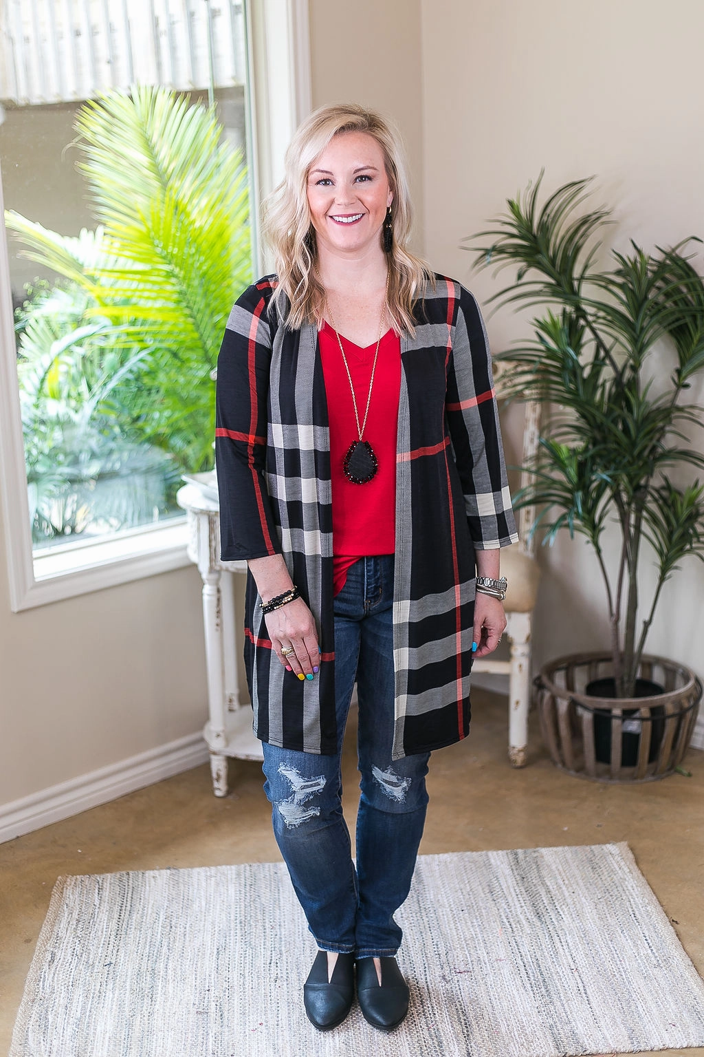 Cozy Knit Last Chance Size Small | All Eyes On You Large Plaid Cardigan in Black