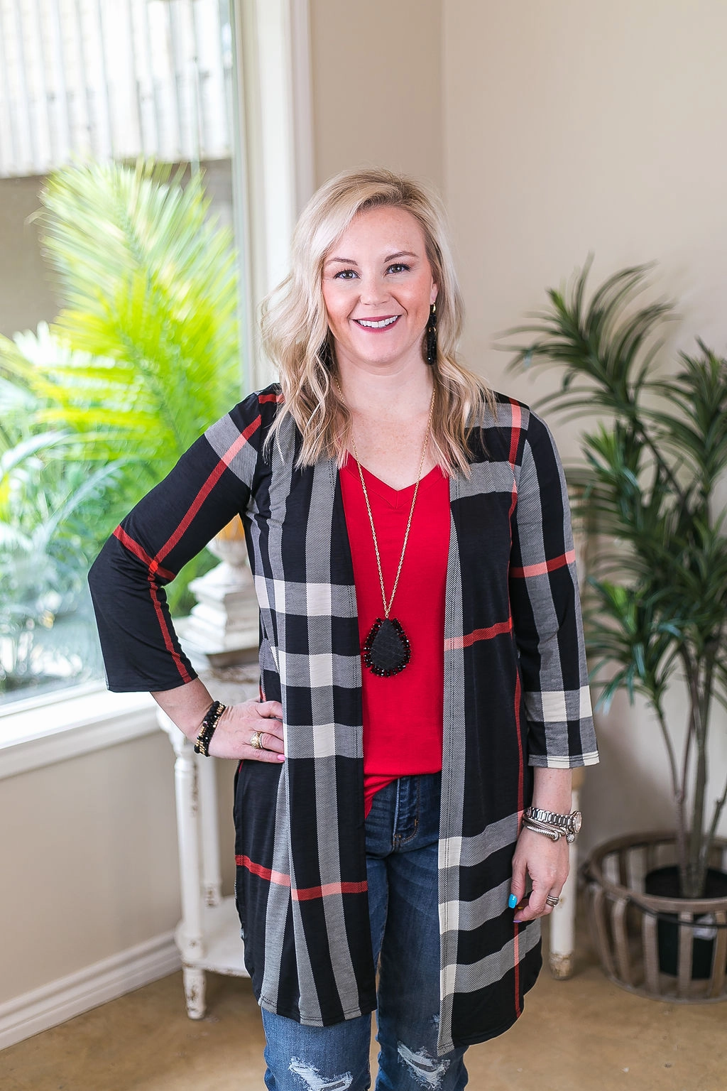 Last Chance Size Small | All Eyes On You Large Plaid Cardigan in Black Layering Piece AntibacterialFinish