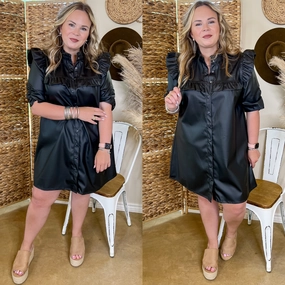 Last Chance Size Small | Beyond The City Button Up Faux Leather Dress with Ruffle Detailing in Black CompactPackableDesign