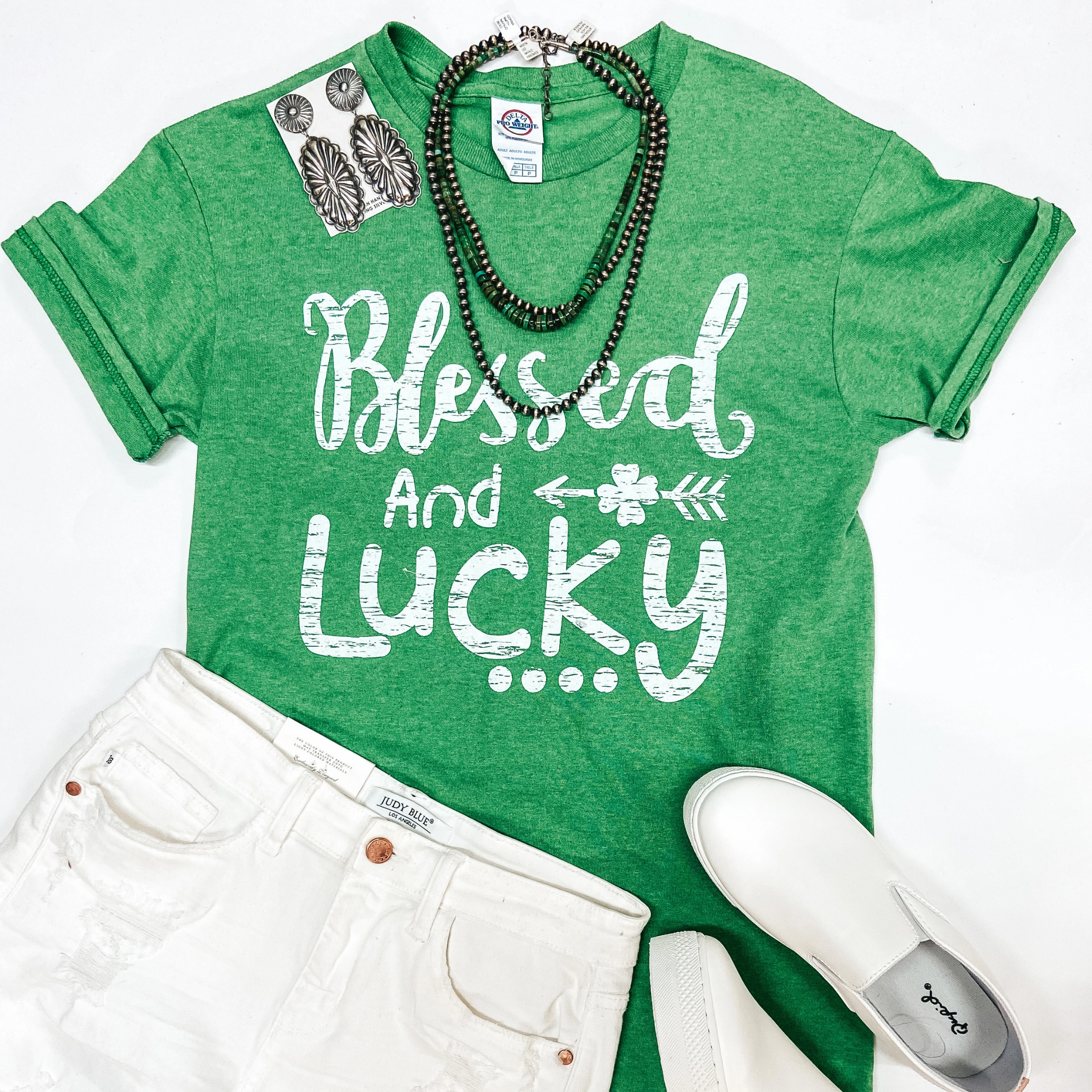 Last Chance Size Small | Blessed and Lucky Short Sleeve Graphic Tee in Green Evergreen