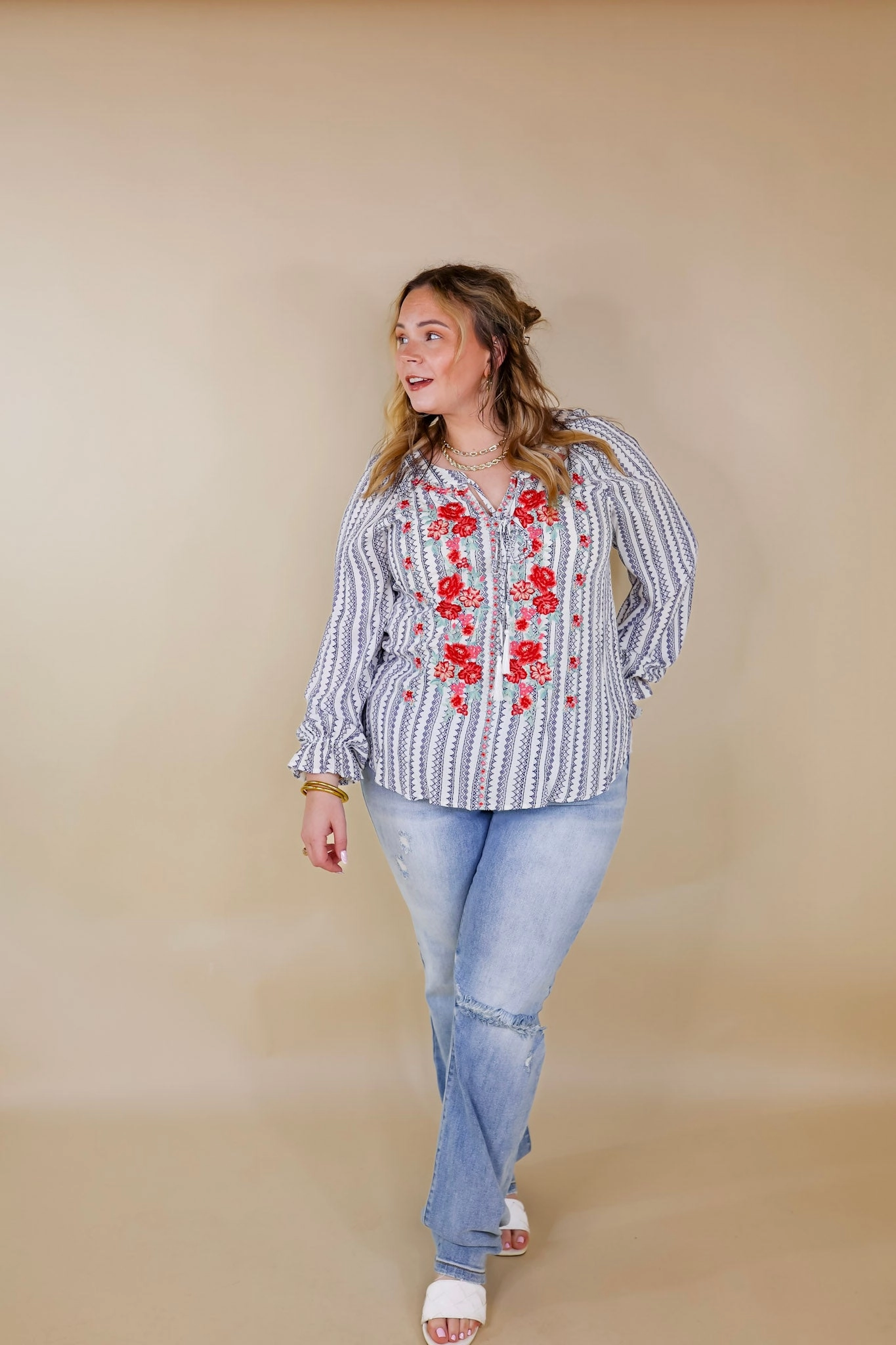 Layered Hem Detailing Loose Sweater Last Chance Size Small | Blissful Beginnings Floral Embroidered Top with Keyhole and Tie Neck in Navy and White
