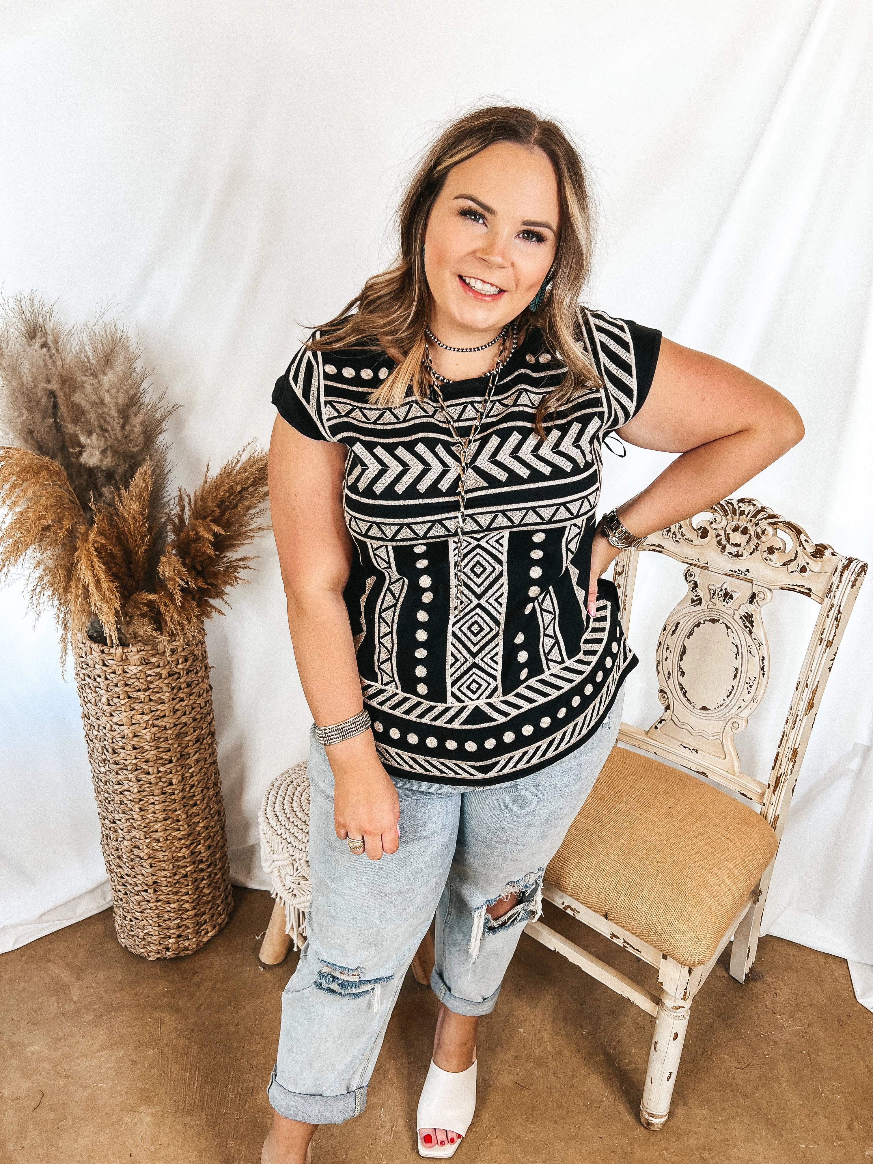 PaddedInsulation Last Chance Size Small | Call To You Ivory Pattern Embroidered Cap Sleeve Top in Black