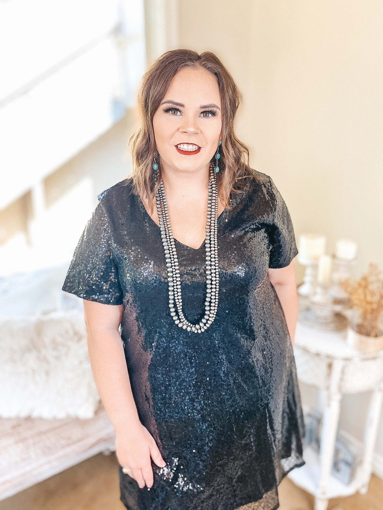 Last Chance Size Small | Can't Keep Up V Neck Sequin Dress with Short Sleeves in Black Peace Flow Resort Mood