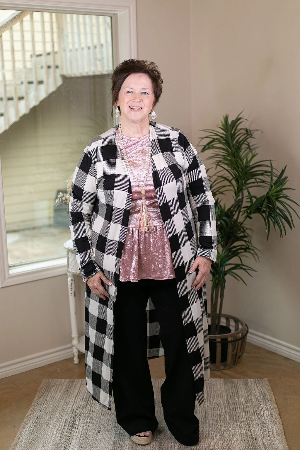MoistureWickingTechnology Last Chance Size Small | Can't Let Go Buffalo Plaid Long Duster Cardigan in Black & White