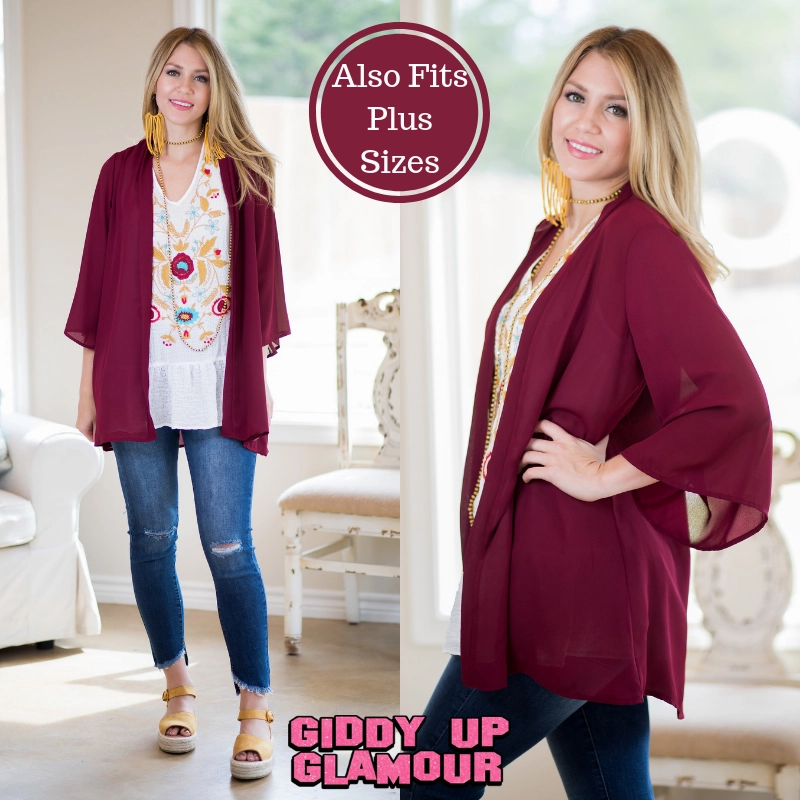 Last Chance Size Small | Can't Miss It Sheer Kimono in Maroon ReinforcedStitching HighElasticity Fiber
