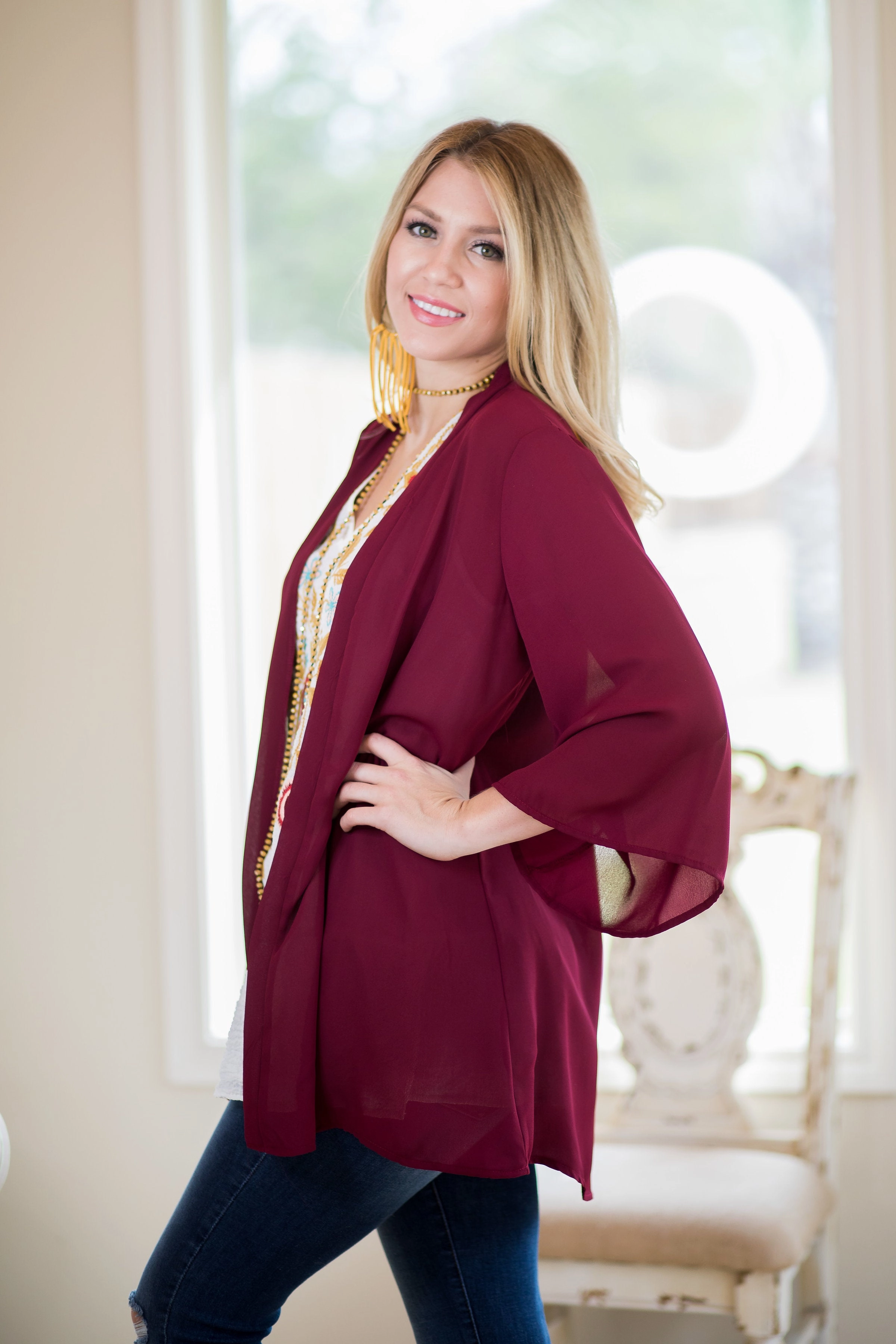 Last Chance Size Small | Can't Miss It Sheer Kimono in Maroon Dream Core