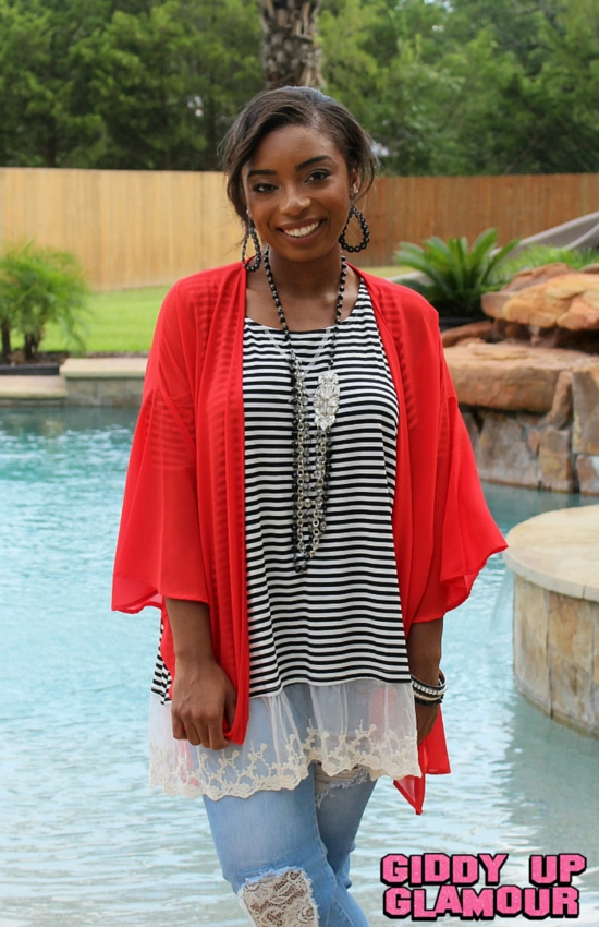 Last Chance Size Small | Change Your Mind Sheer Kimono in Red LayeredNeckline