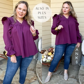 Elastic cuffs Last Chance Size Small | Coffee Perks Ruffle Detail Long Sleeve Top in Eggplant Purple
