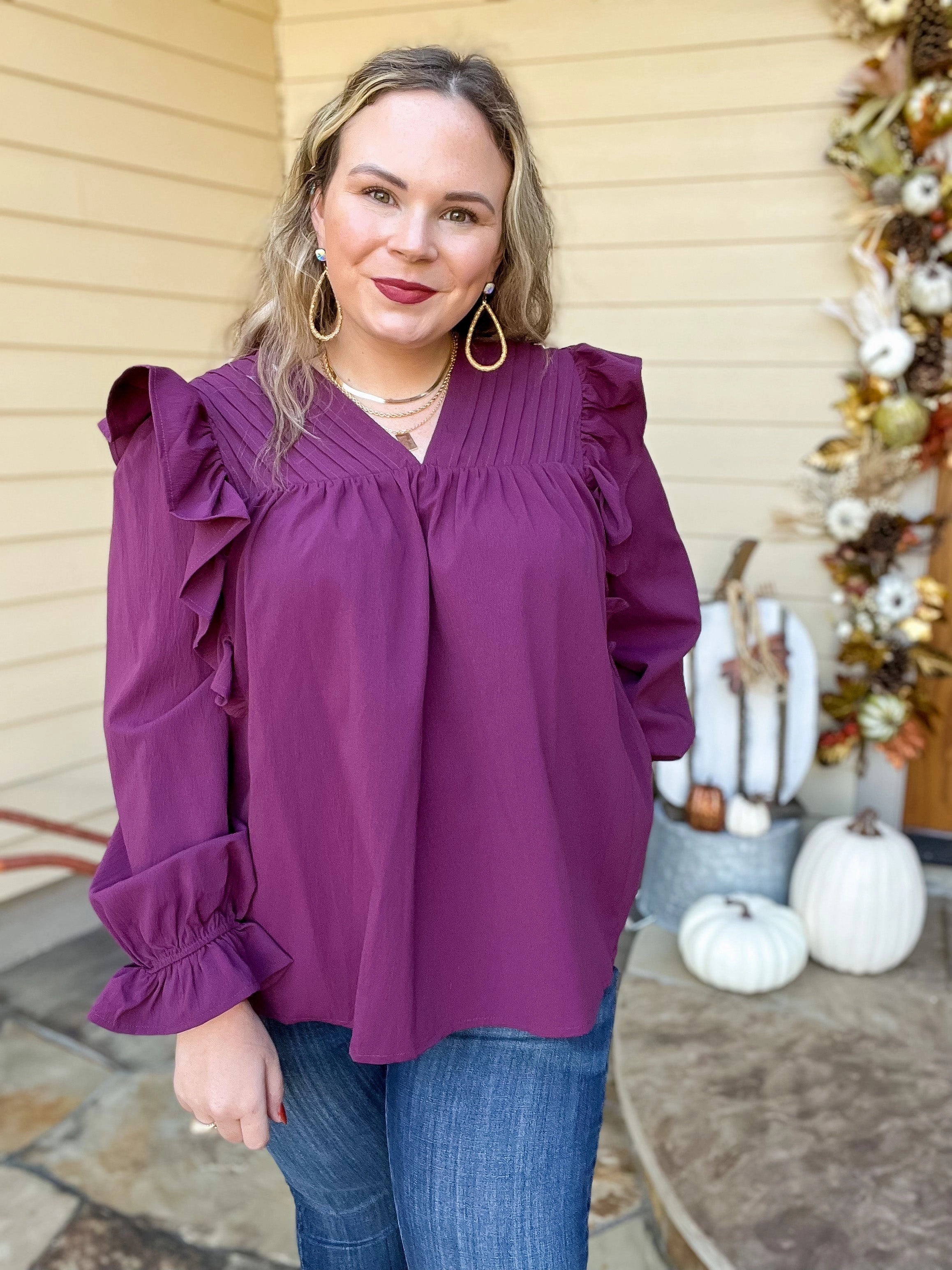 VentilatedMesh Lean Glow Last Chance Size Small | Coffee Perks Ruffle Detail Long Sleeve Top in Eggplant Purple