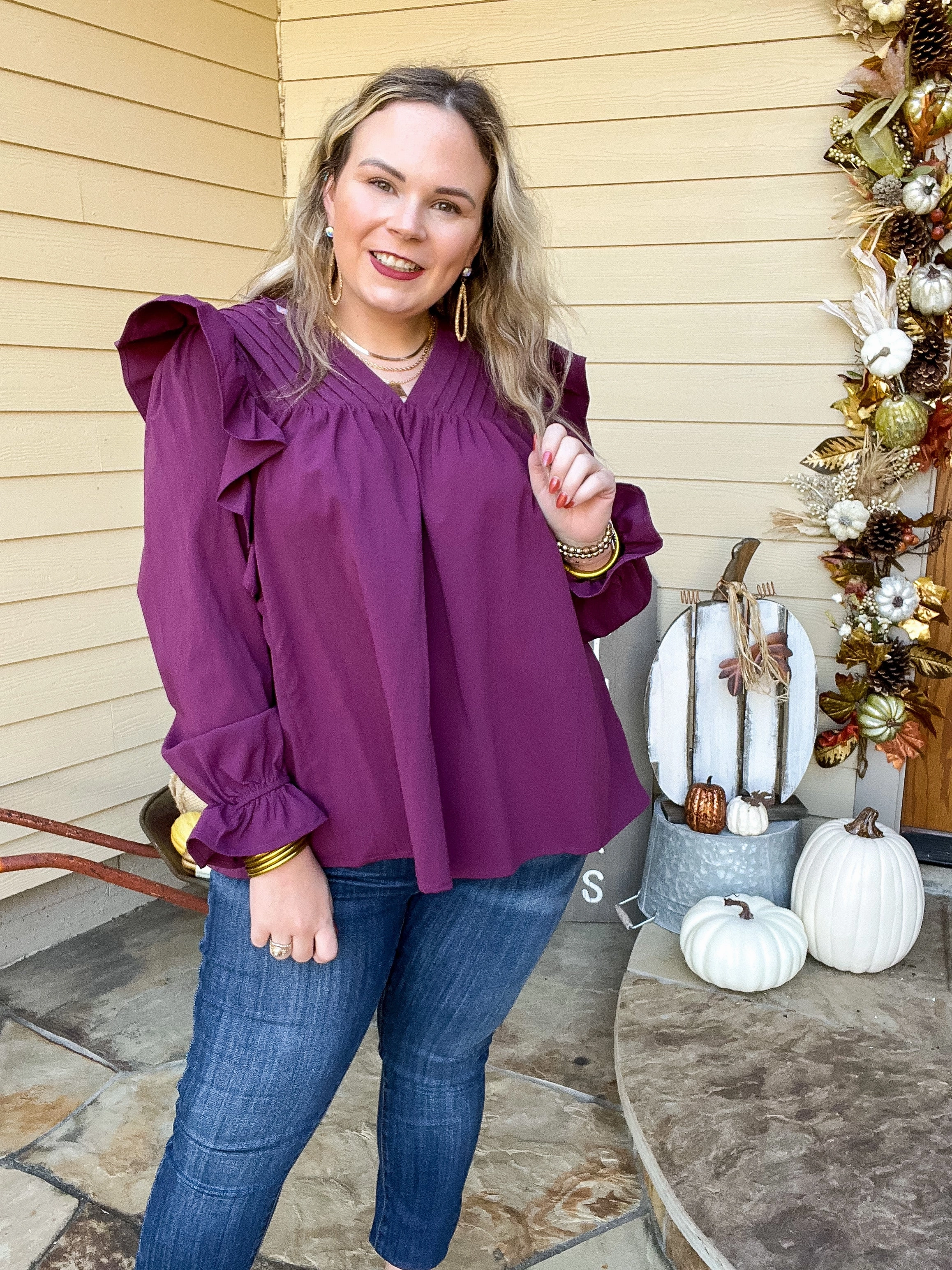 Layered Look Event Vibe Last Chance Size Small | Coffee Perks Ruffle Detail Long Sleeve Top in Eggplant Purple