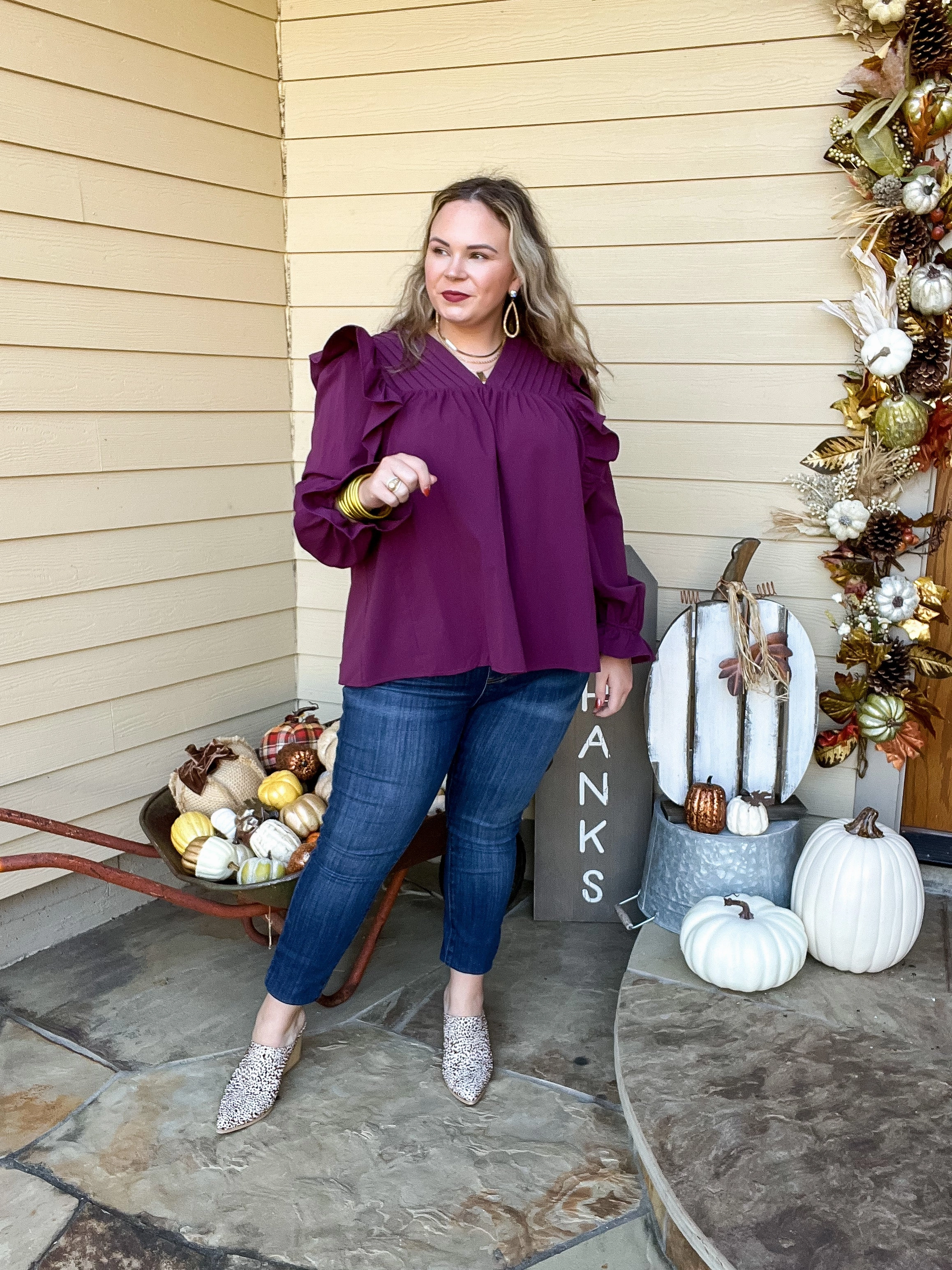 Last Chance Size Small | Coffee Perks Ruffle Detail Long Sleeve Top in Eggplant Purple Grace Ease