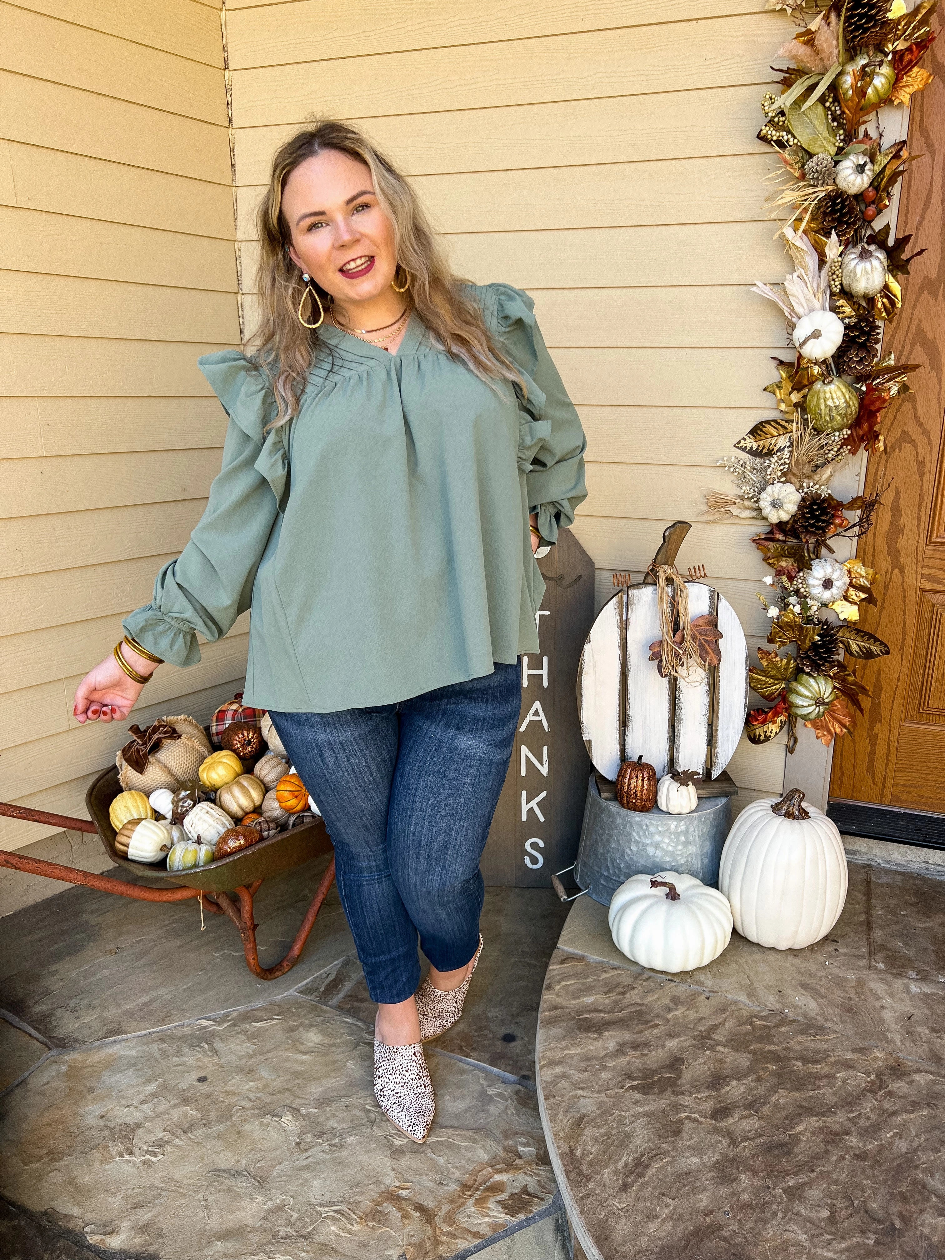 Last Chance Size Small | Coffee Perks Ruffle Detail Long Sleeve Top in Sage Green Minimal Design Desert Heat