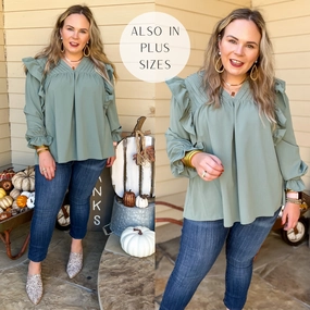 Myth Glow Champion Glow Last Chance Size Small | Coffee Perks Ruffle Detail Long Sleeve Top in Sage Green