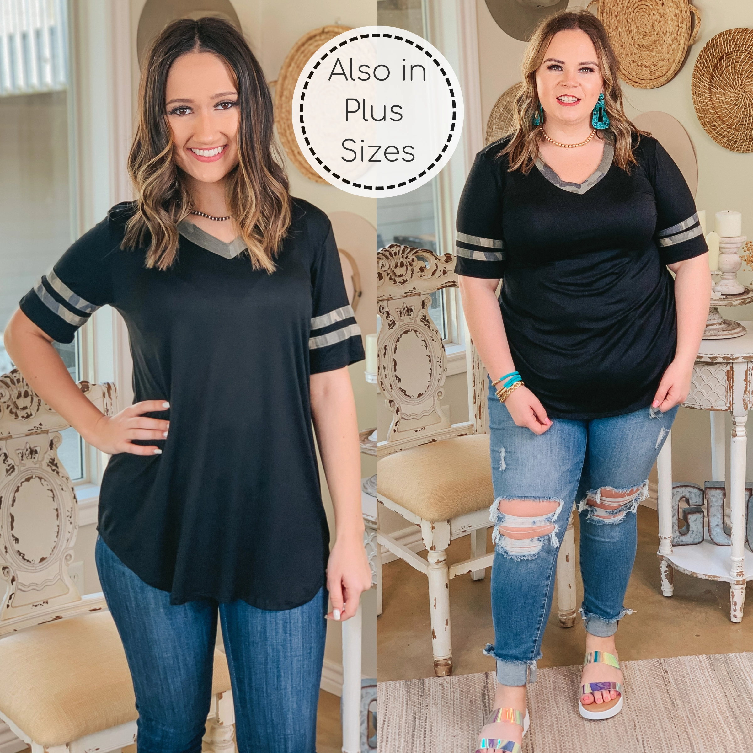 Last Chance Size Small | Divine Comfort Camouflage Detail V Neck Tee in Black FadeResistant Color