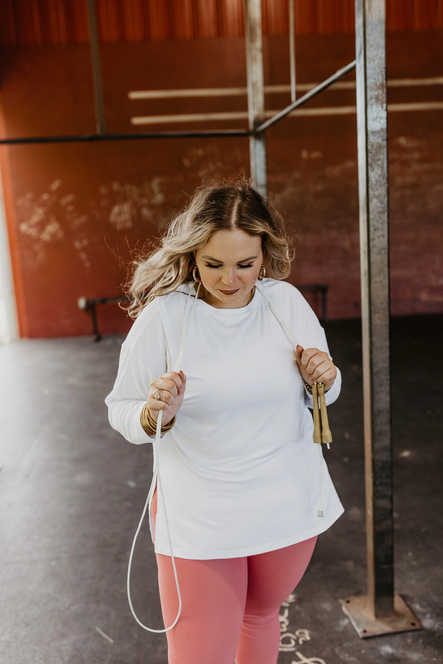 Convertible Style Lightweight Material Last Chance Size Small | Don't Do Cardio Long Sleeve Top with Side Slits in Off White