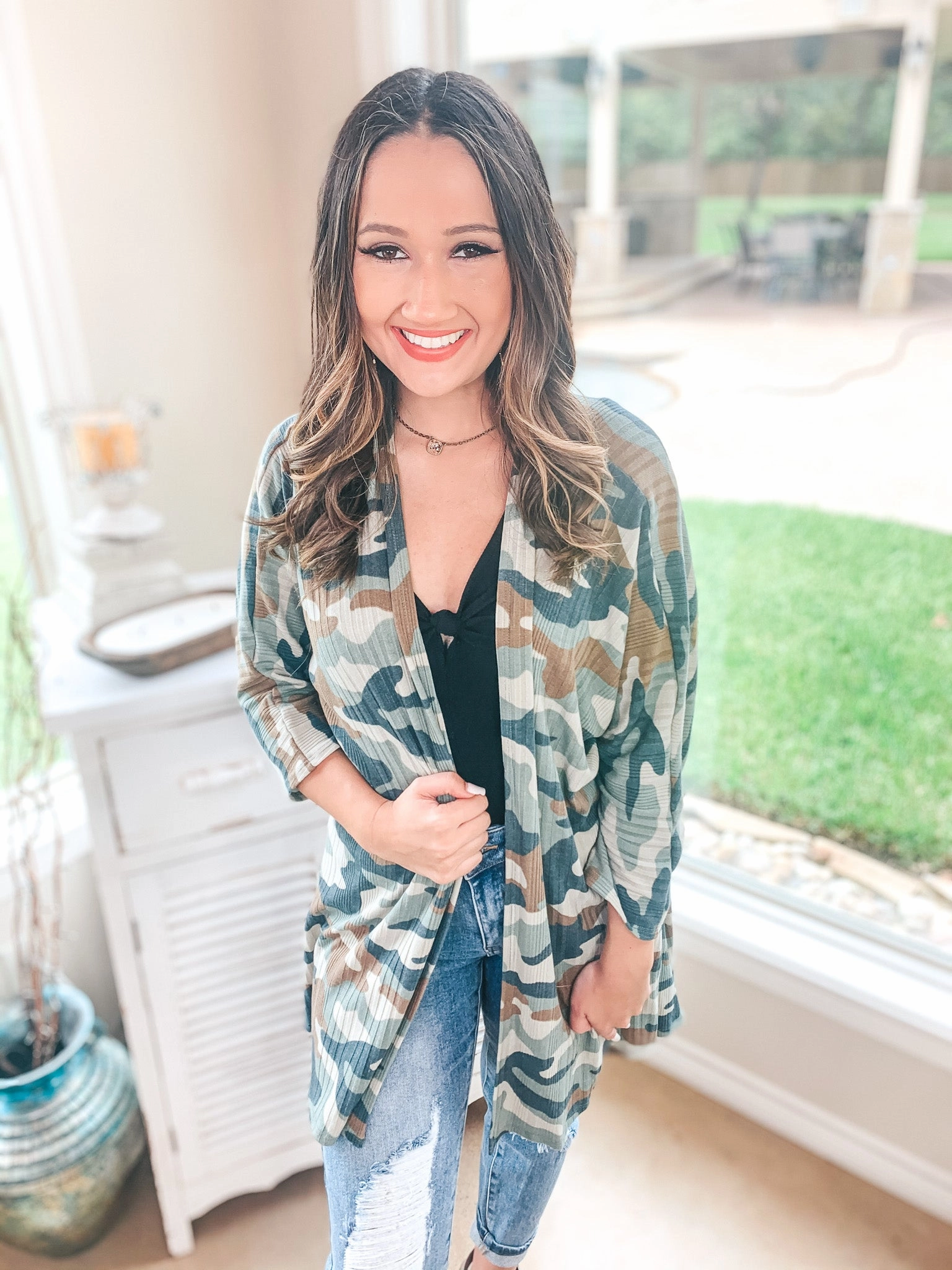 fashionable blazer Durable Reinforcements Last Chance Size Small | Don't Wait Up 3/4 Sleeve Open Front Cardigan in Camouflage