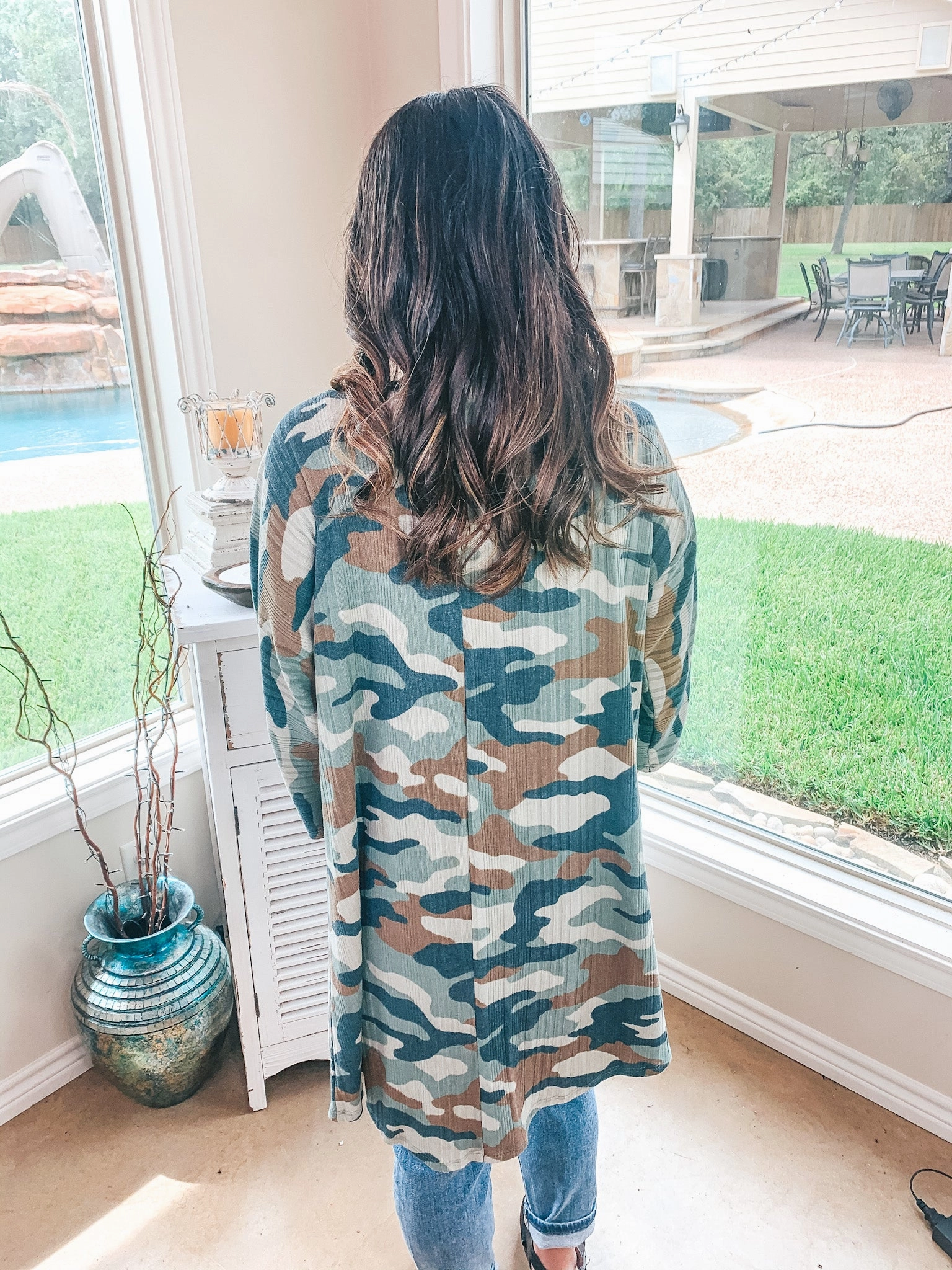 Last Chance Size Small | Don't Wait Up 3/4 Sleeve Open Front Cardigan in Camouflage ChafeFree Design