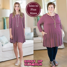 Last Chance Size Small | Earn Your Stripes 3/4 Sleeve Stripe Dress in Maroon FadeResistantDye Clear Glow