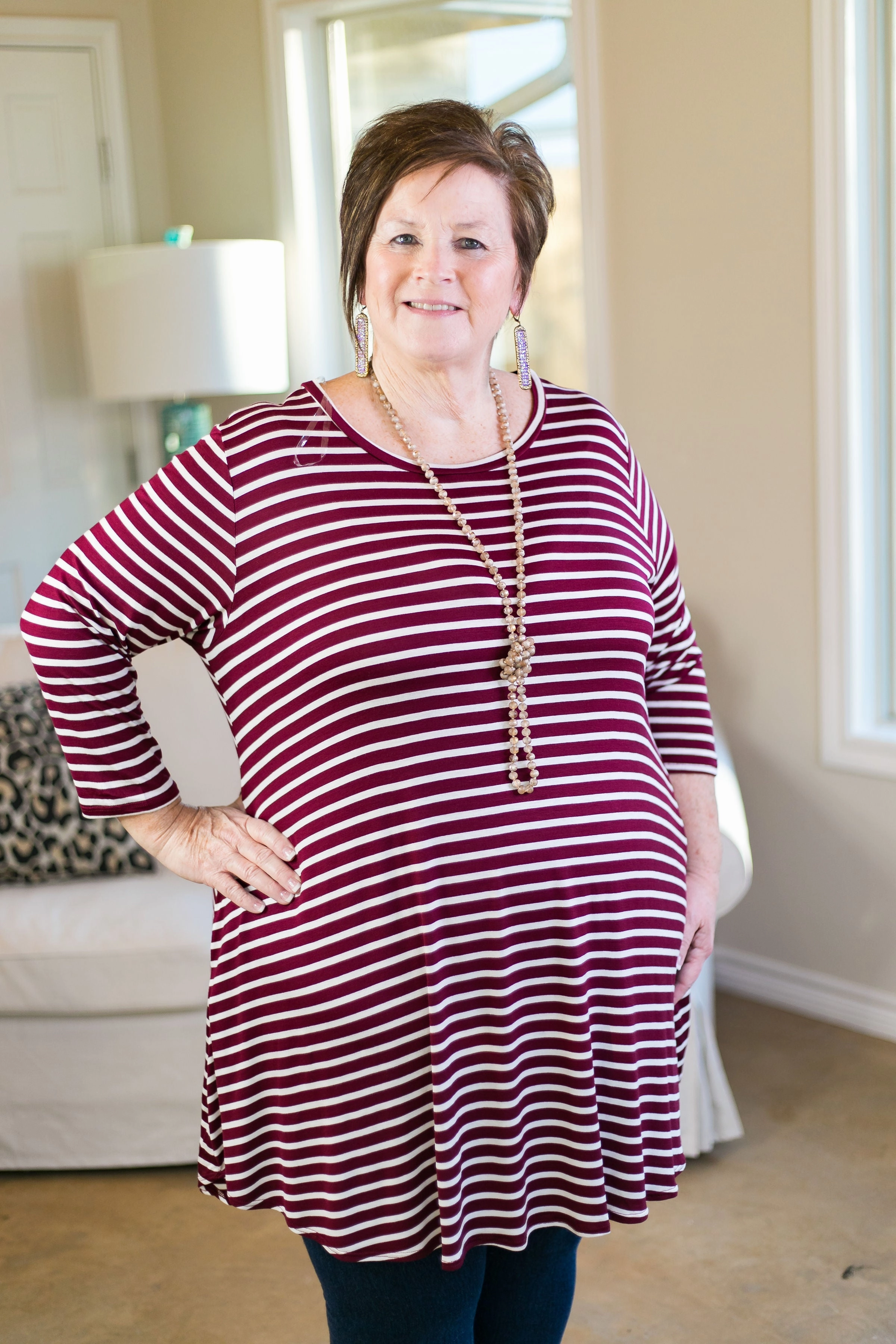 NoSlipWaistband Last Chance Size Small | Earn Your Stripes 3/4 Sleeve Stripe Dress in Maroon